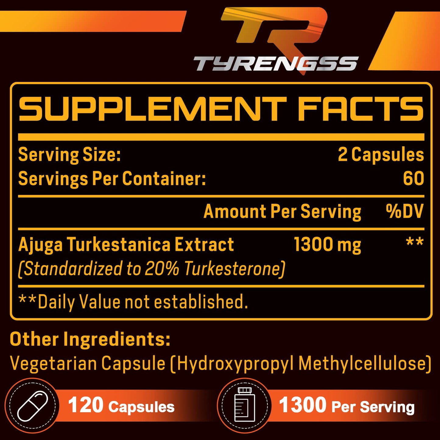 TyRengss Testosterone Booster Turkesterone Supplement 1300mg Ultra High Strength (Ajuga Turkestanica Extract Std. to 20% Testosterone) for Athletic Performance & Muscle Mass, Capsule, 240 Capsules