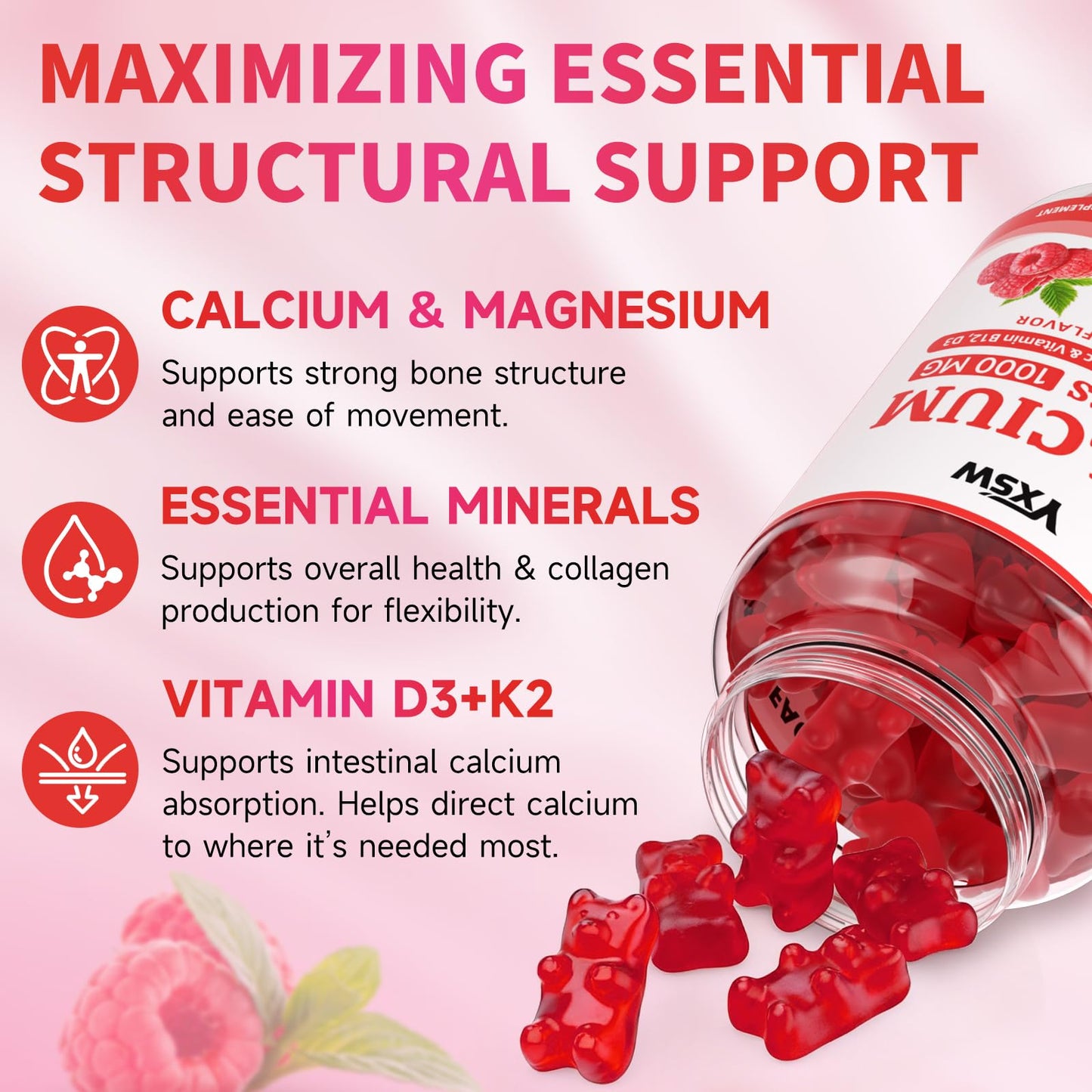 YXSW Calcium Gummies 1000mg with Vitamin D3 K2 & B12 Complex, Gummies, 60 Count