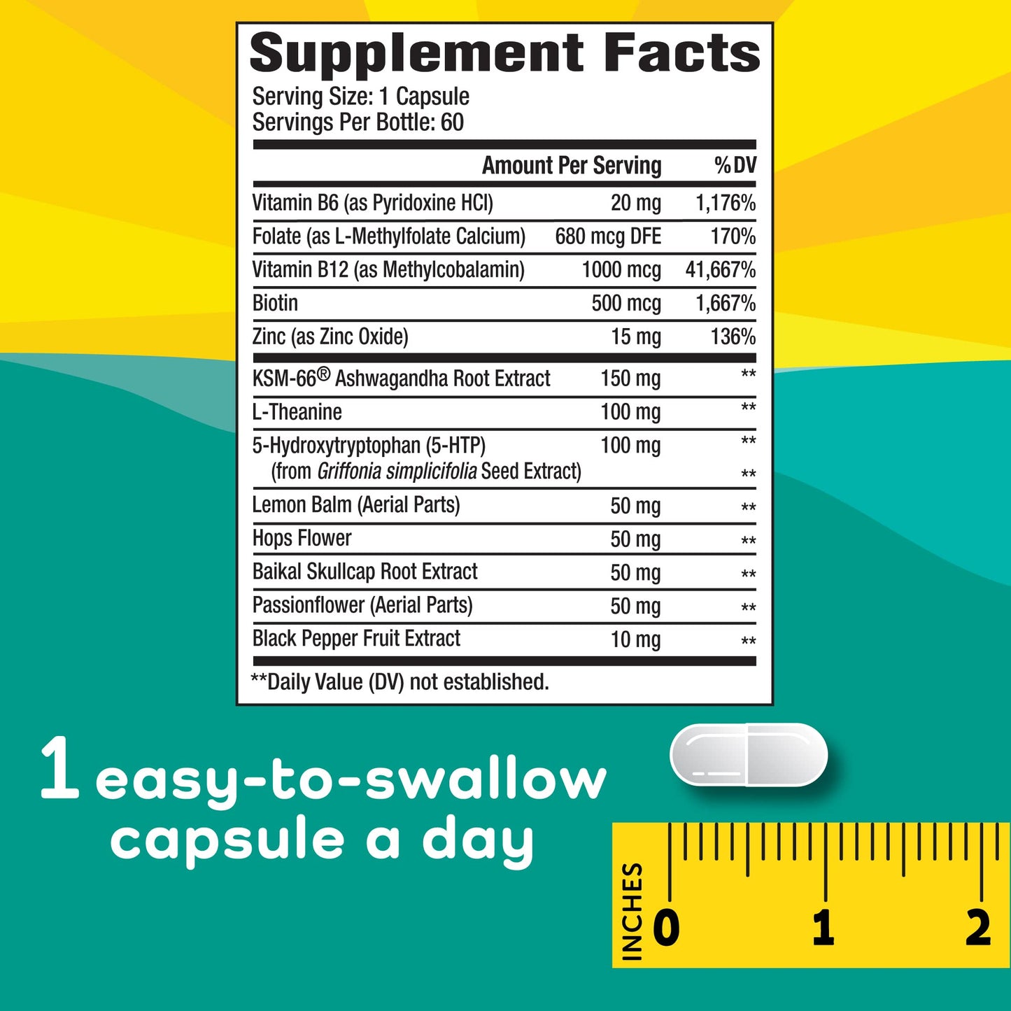 Calmable Stress Relief Aid for Teens - Vegan - Pyridoxine B6, L-Theanine - Vitamin Dietary Supplement 60 Capsules