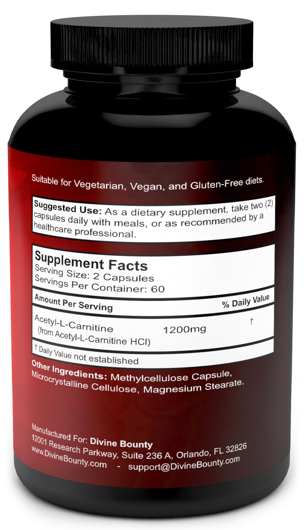 Divine Bounty Acetyl L-Carnitine 1200mg L Carnitine Supplement Capsule, 120 Capsules