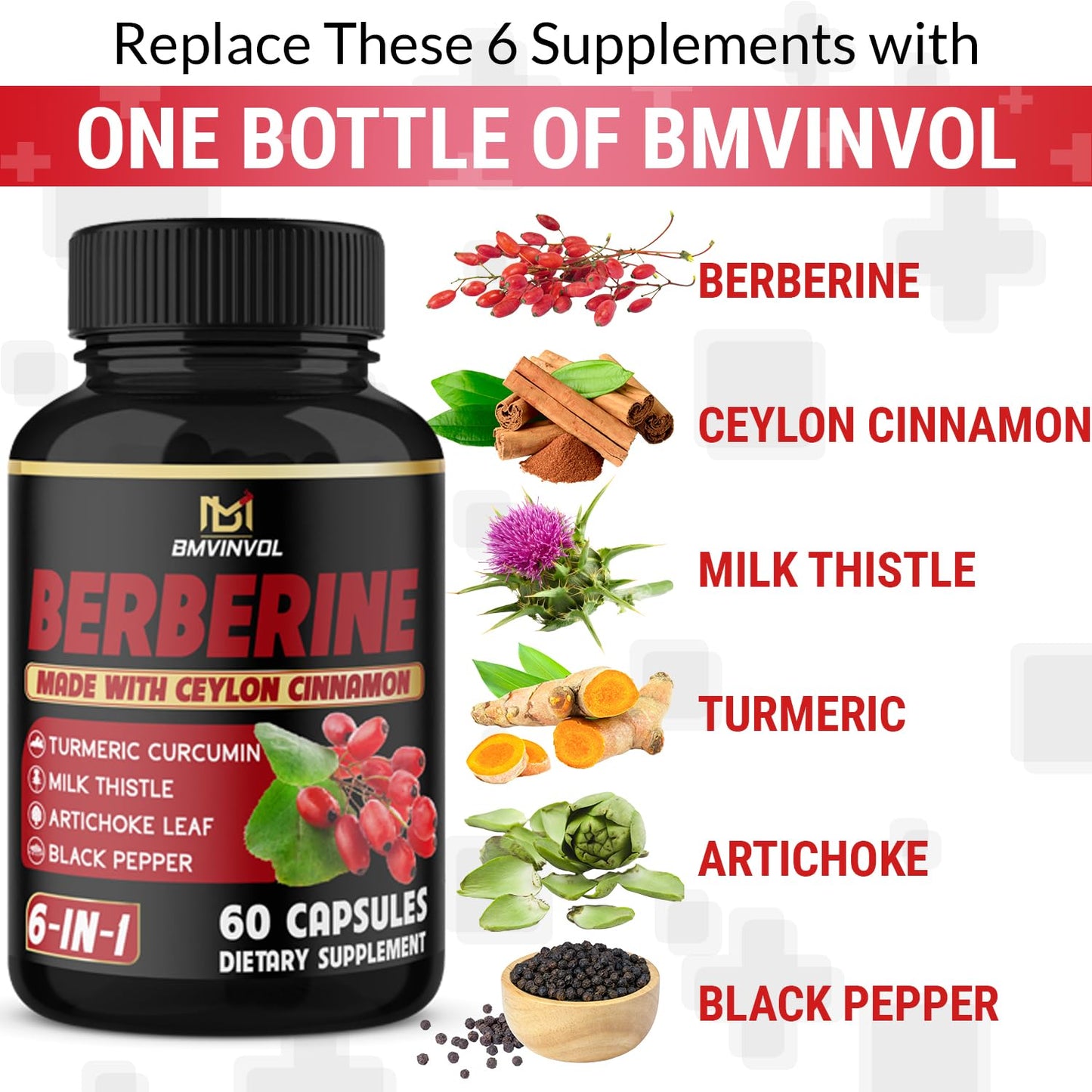 BMVINVOL Berberine Supplement Plus Ceylon Cinnamon, Milk Thistle, Turmeric, Artichoke Leaf, Black Pepper Capsules, 180 Capsules