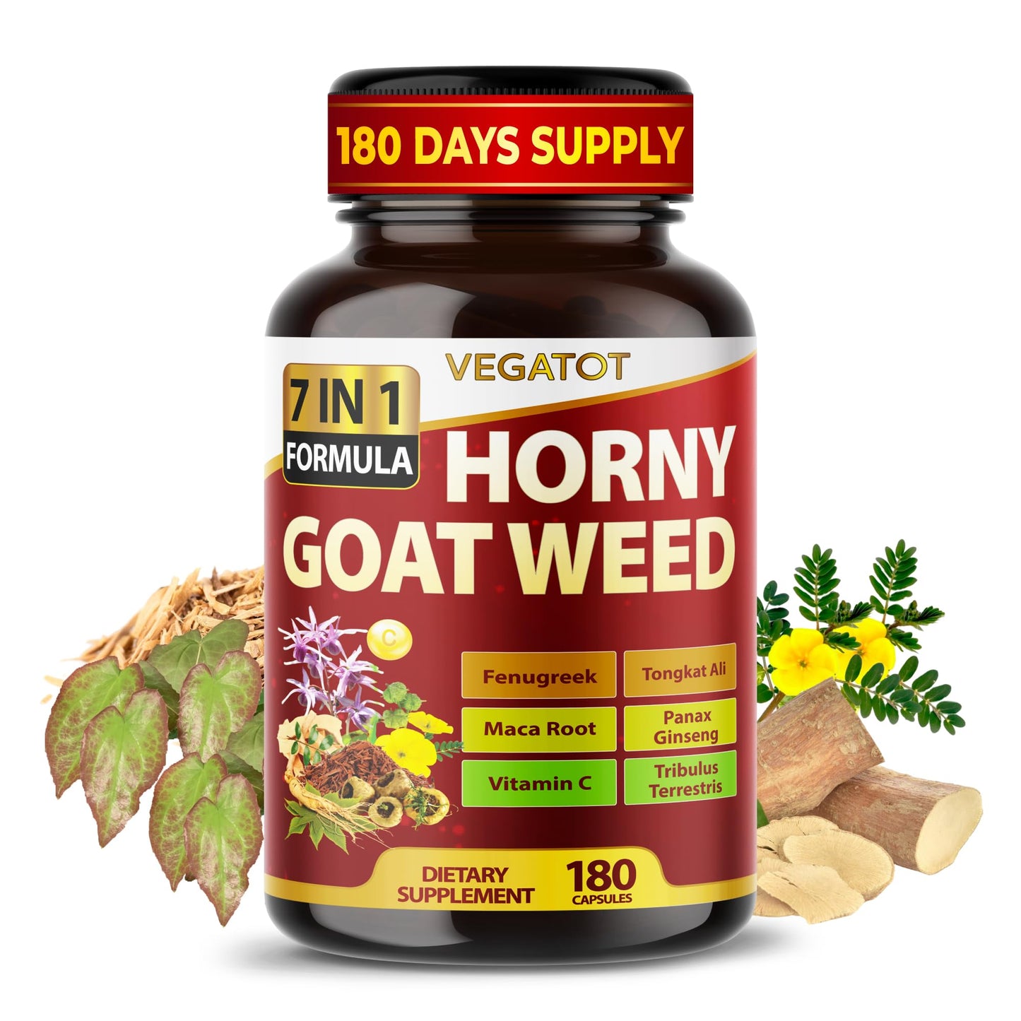 VEGATOT Horny Goat Weed with Yohimbine, Tongkat Ali, Maca, Tribulus & Panax Ginseng 8-in-1 Strength & Vitality Support, 180 Capsules