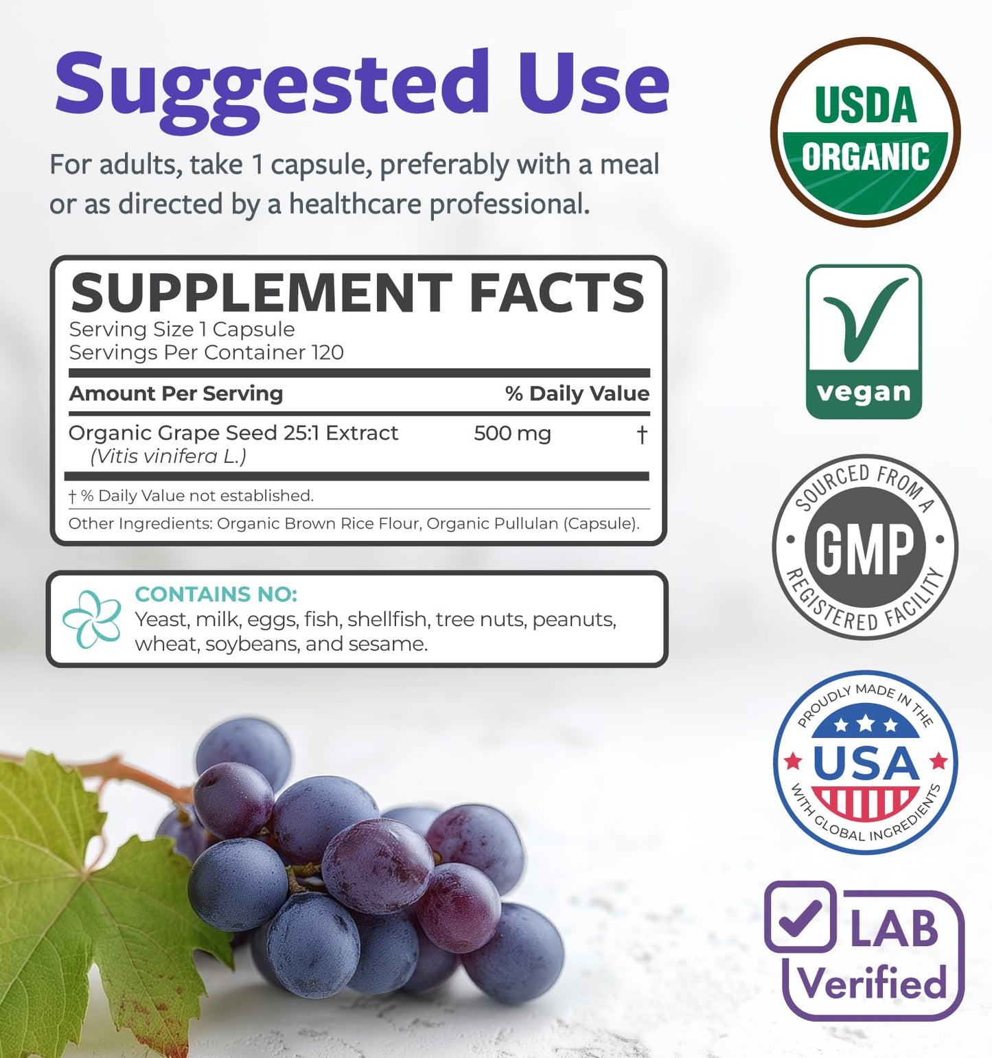 PURE CO Grape Seed Extract Capsules 120 Count