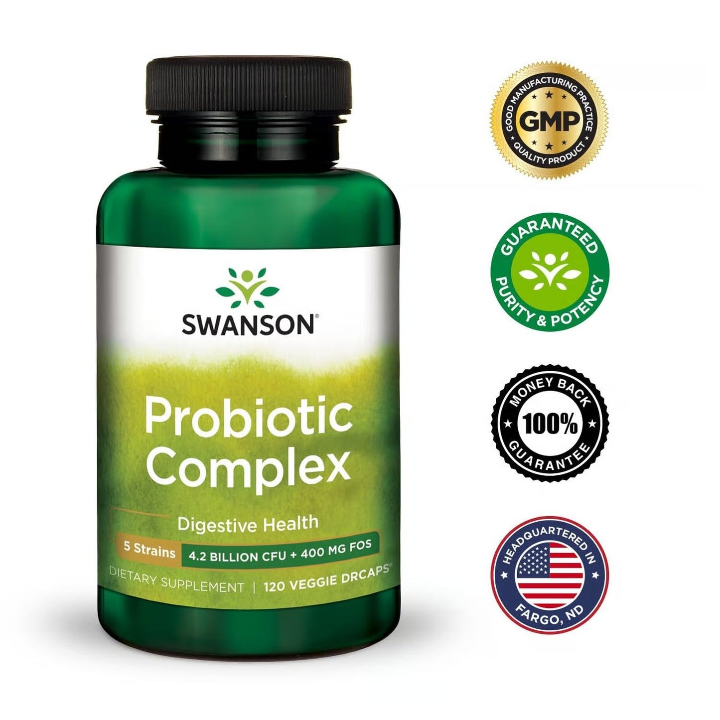 Swanson Probiotic Complex 4.2 Billion CFU 5-Strain Digestive Health Fat Metabolism Satiety Prebiotic FOS Complex Supplement Vegan Capsules, 120
