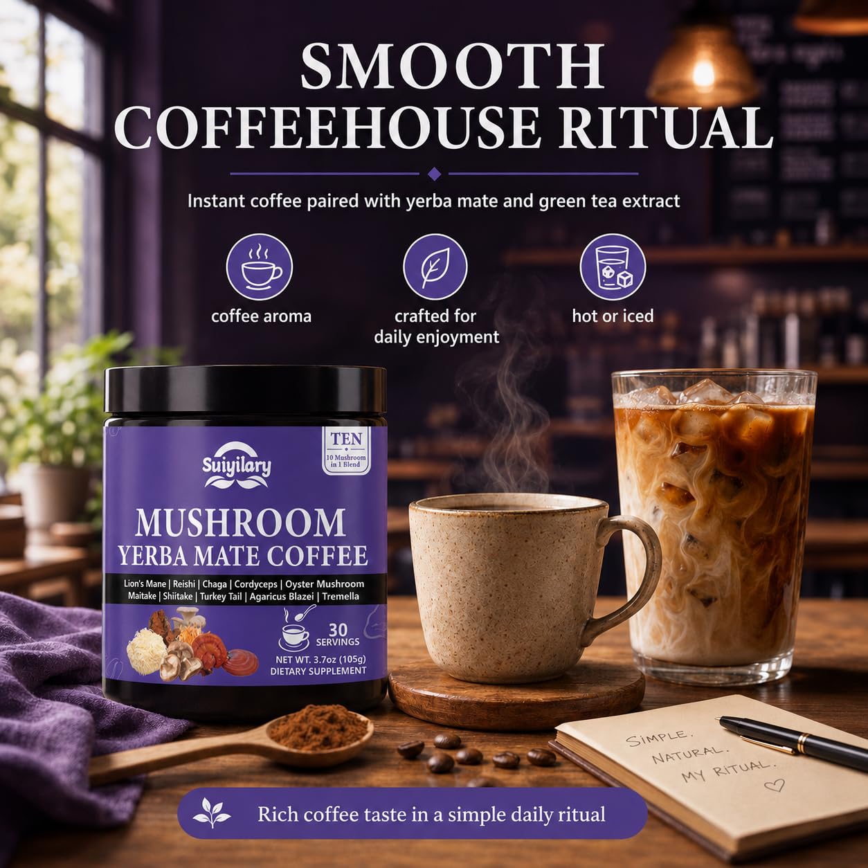 Suiyilary 10 Mushroom Coffee with Arabica, Lion's Mane, Yerba Mate Powder, 3.7 oz, 30 Servings