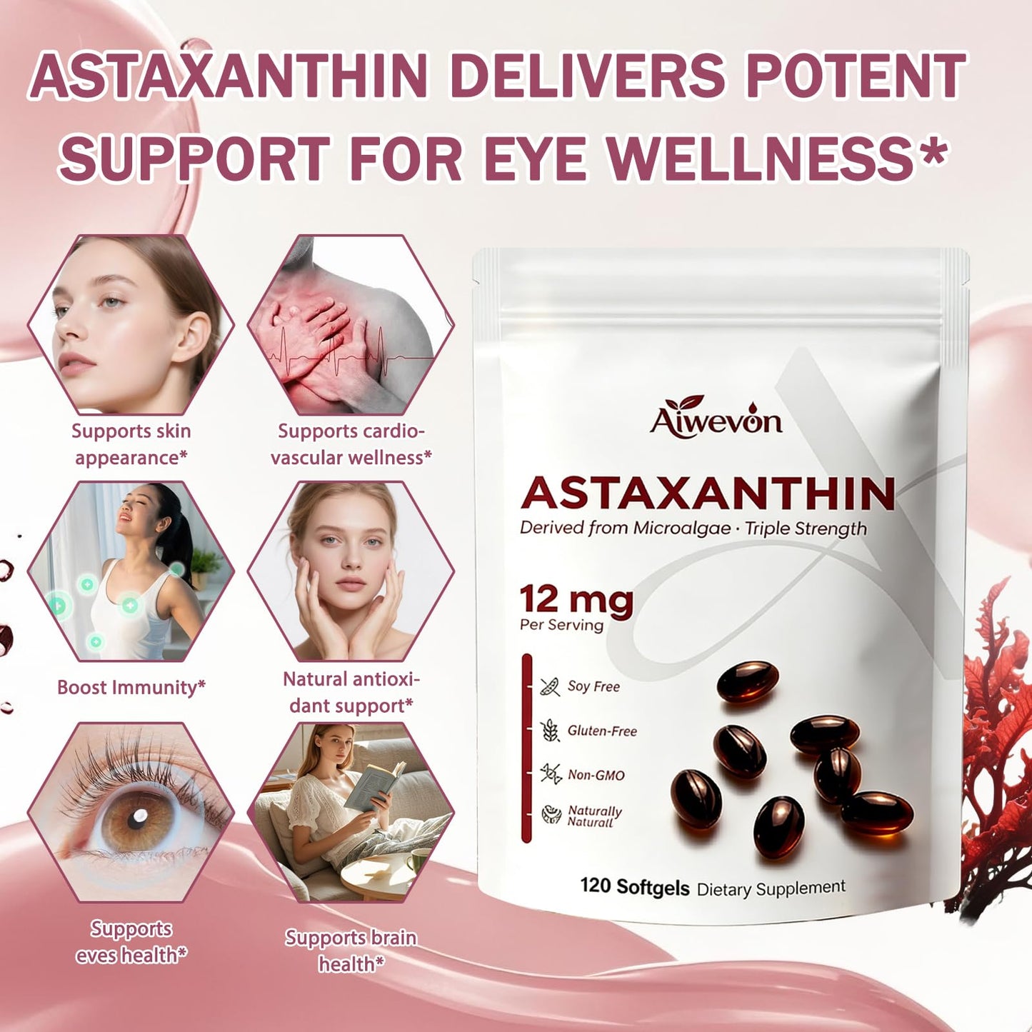 Aiwevon Astaxanthin Supplement 12mg Capsule, 120 Count