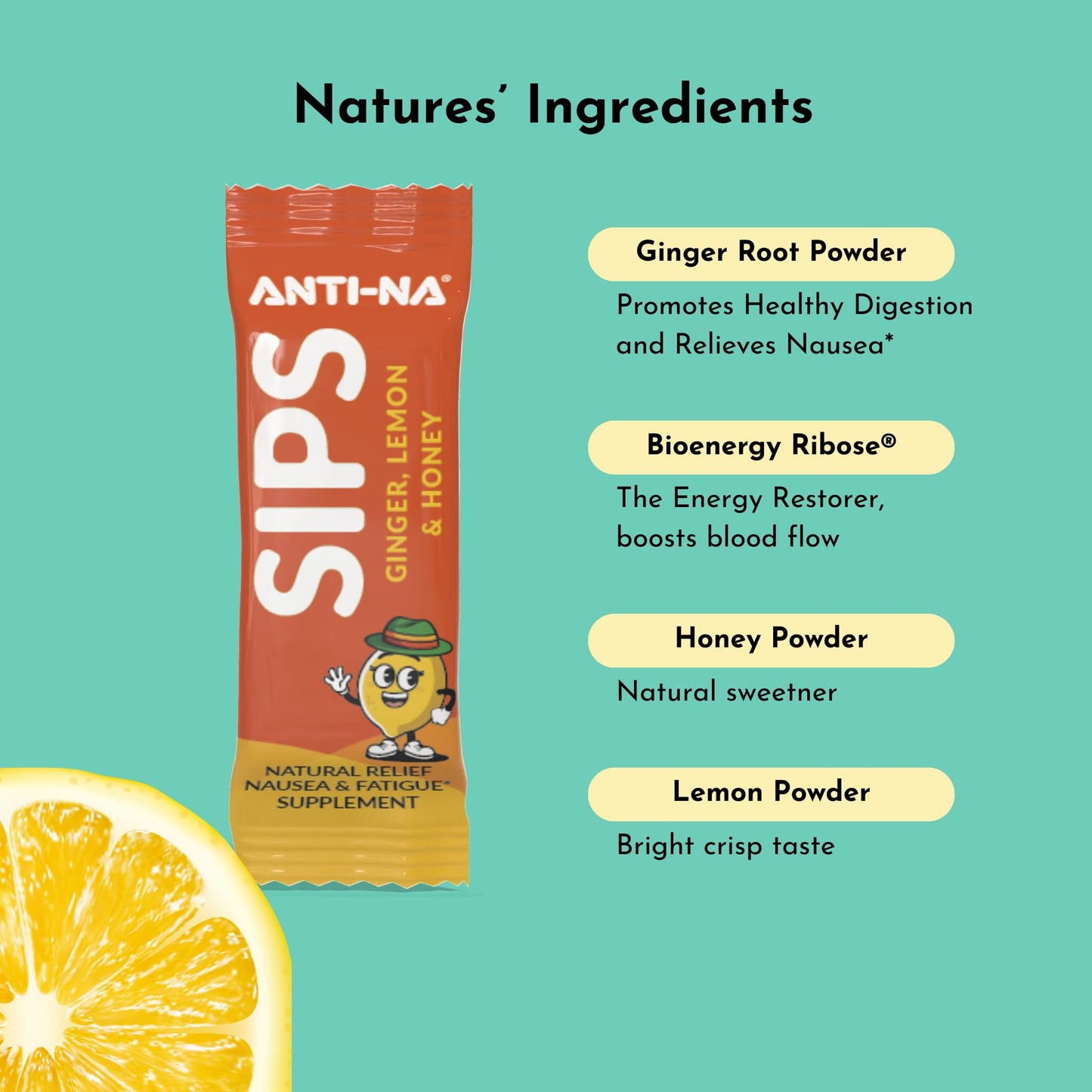 Anti-Na SIPS Life Uninterrupted Dual-Action Nausea Relief and Energy Support Premium Ginger Dissolving Mix, 4 Packets