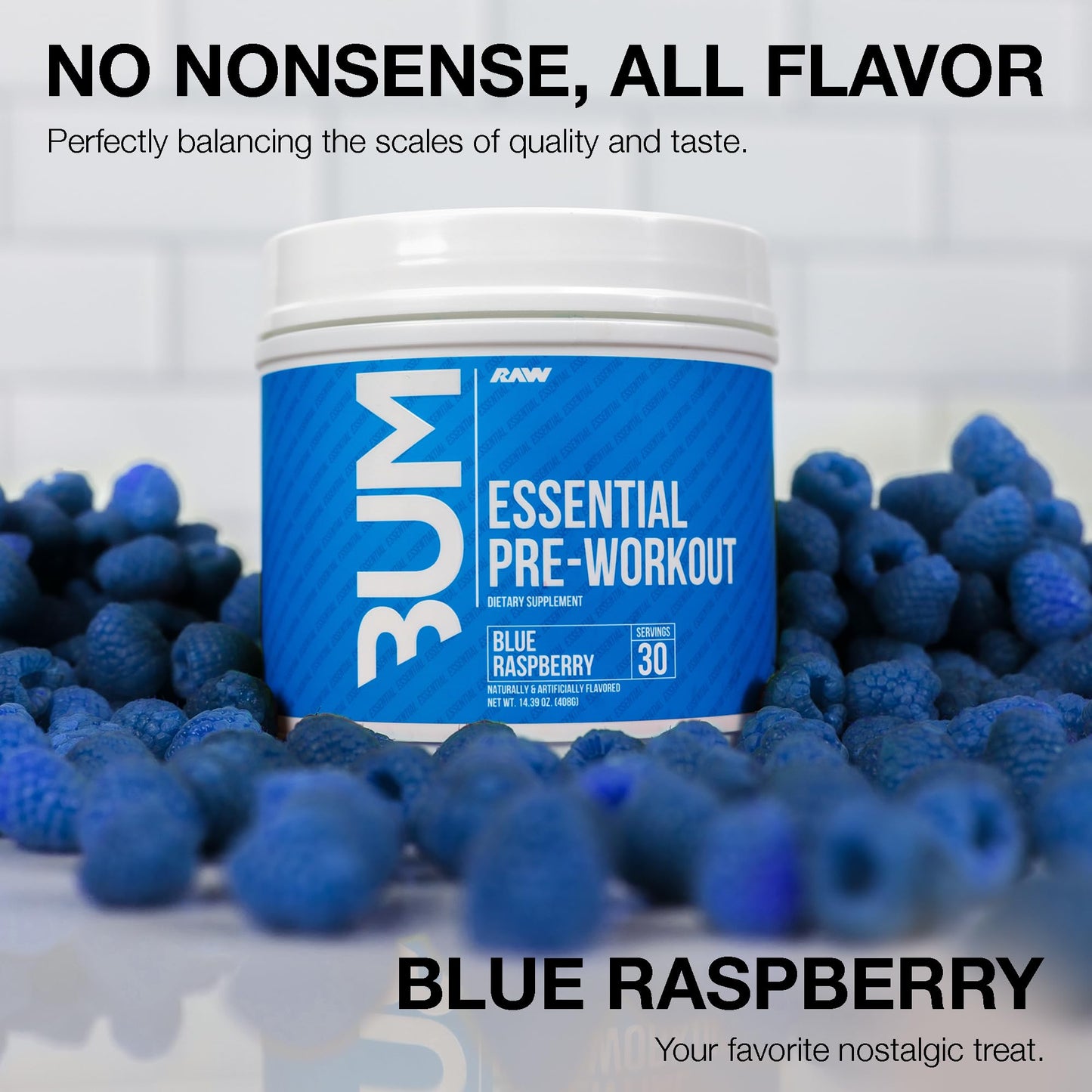 RAW Essential Pre Workout Powder Blue Raspberry 14.39 Ounce
