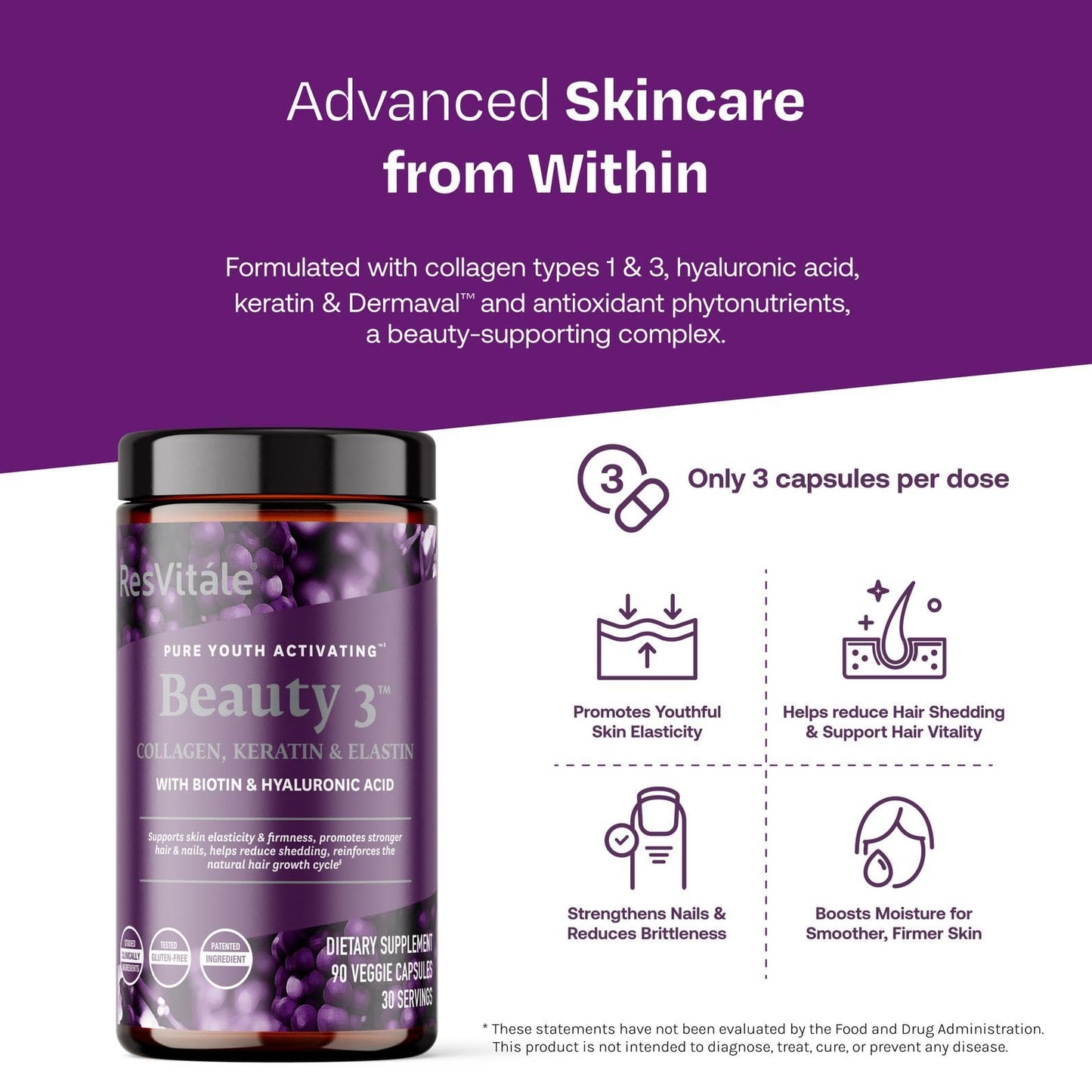 ResVitale Beauty 3 - Skin Care Supplement with Collagen, Keratin & Elastin, 90 Capsules
