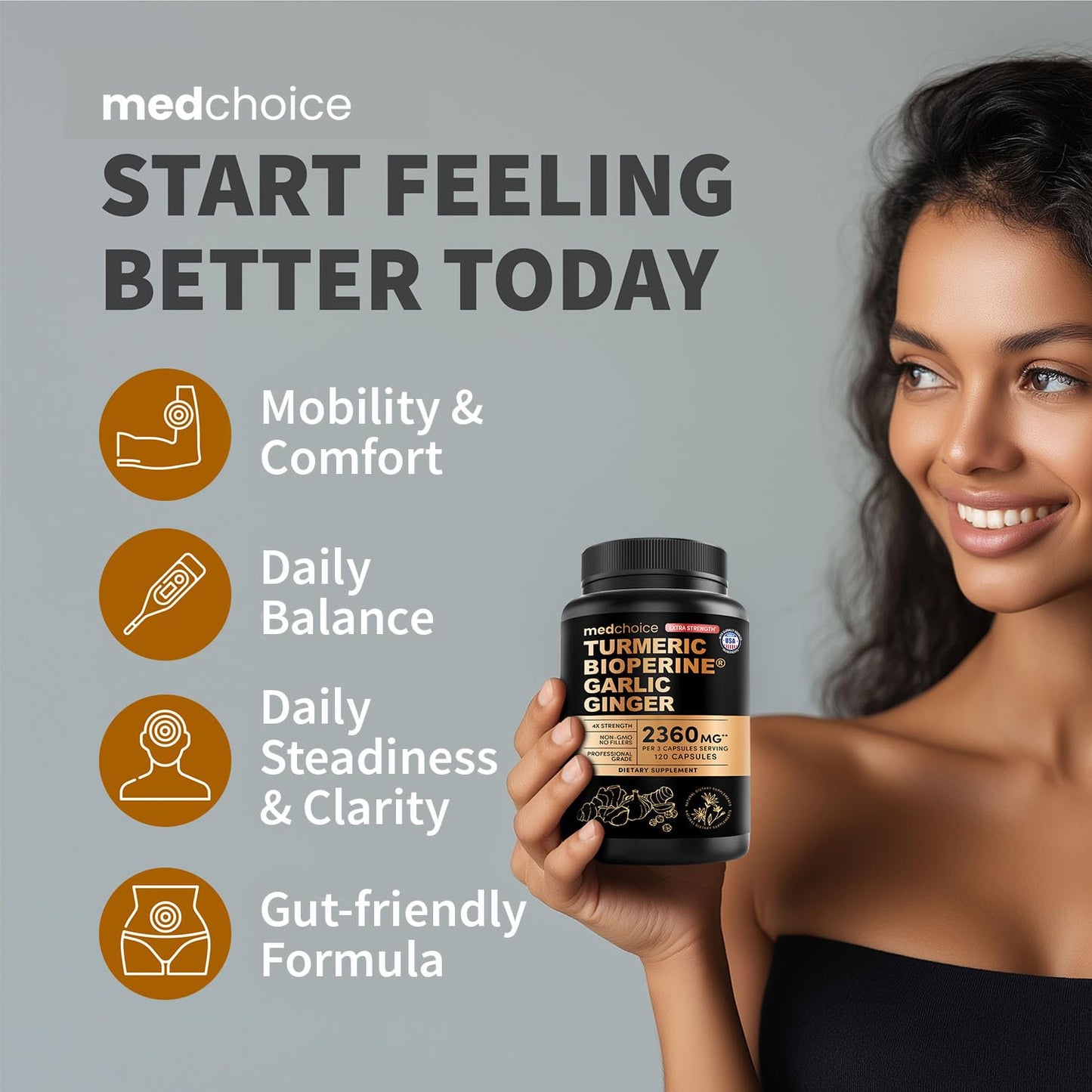 MEDCHOICE Turmeric Curcumin Capsules, High-Absorption 2360 mg, Black Pepper, 240 Capsules