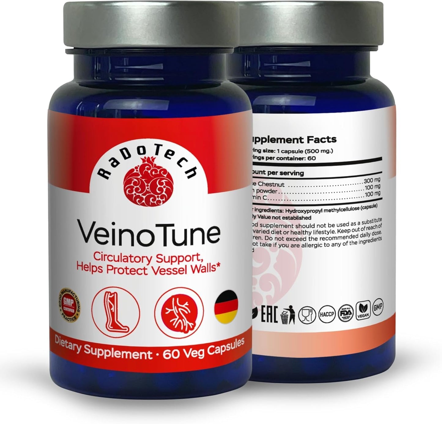 RaDoTech VeinoTune Varicose Veins Reducer for Legs Support, Reduces Swelling, Horse Chestnut 300 mg, 180 Capsules
