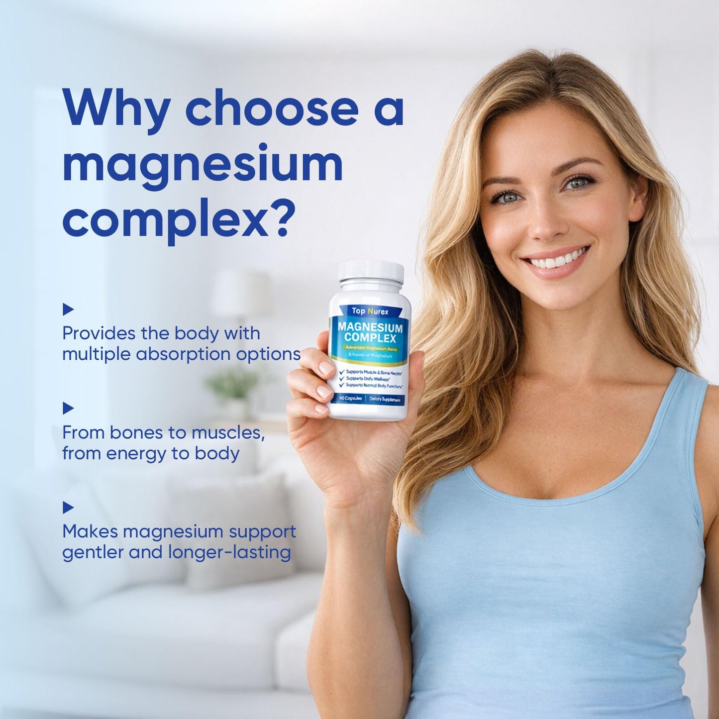 Kunnozz Top Nurex Magnesium Complex 1000 mg, 8-Source Magnesium Blend with Glycinate, Citrate, Malate & Taurate, Vegan Non-GMO Formula, 90 Capsules