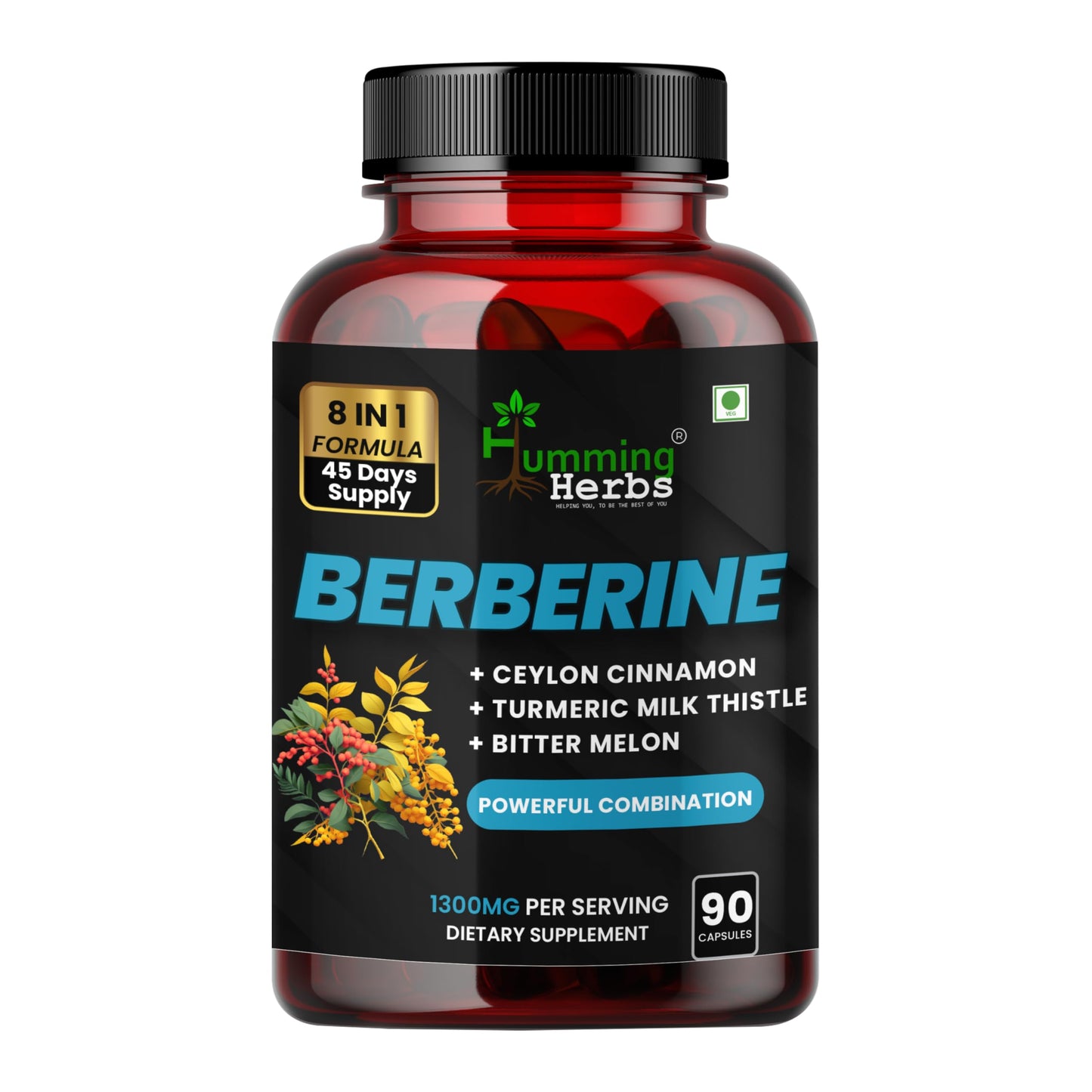 Humming Herbs Berberine HCl 500 mg per Serving with Ceylon Cinnamon, Turmeric, Milk Thistle, Bitter Melon, Gymnema, Red Yeast Rice & Probiotics 90 Capsules