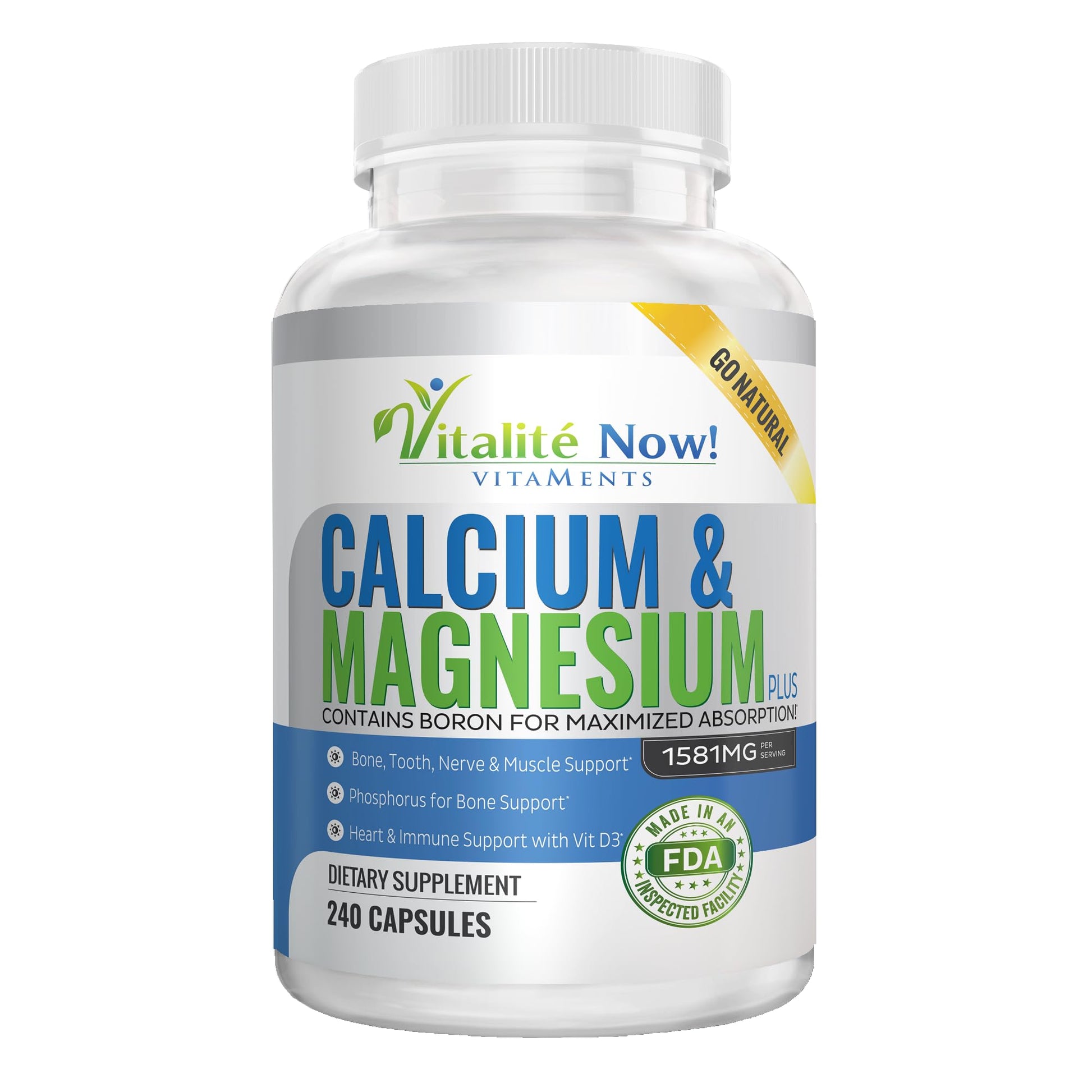 Vitalité Now! Calcium Magnesium Supplement with Vitamin D - 10 Forms of Calcium 1000mg for Maximum Absorption - Bone Strength Support with Boron and Phosphorus, 240 Capsules
