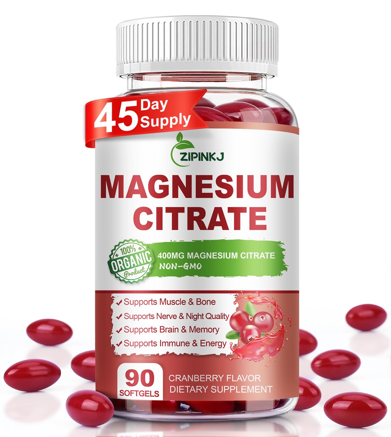 ZIPINKJ Magnesium Citrate Softgels with Vitamin D3, Vitamin B6 & Cranberry Extract 90 Count