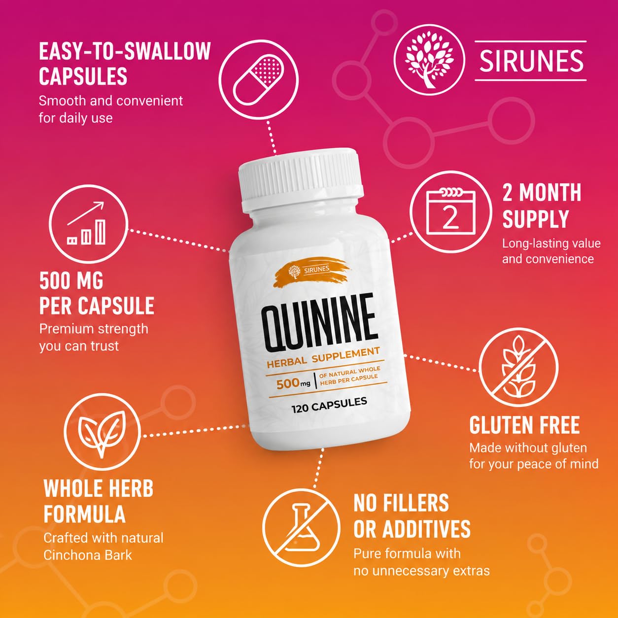 SIRUNES Leg Cramps Relief Quinine Capsules – Natural Cinchona Bark Supplement for Cramp Defense & Digestive Health – 500 mg Quinine, 120 Count