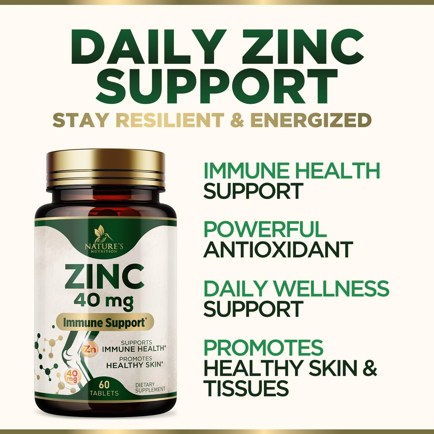 Nature's Nutrition Zinc 40mg Tablets, 60 Count