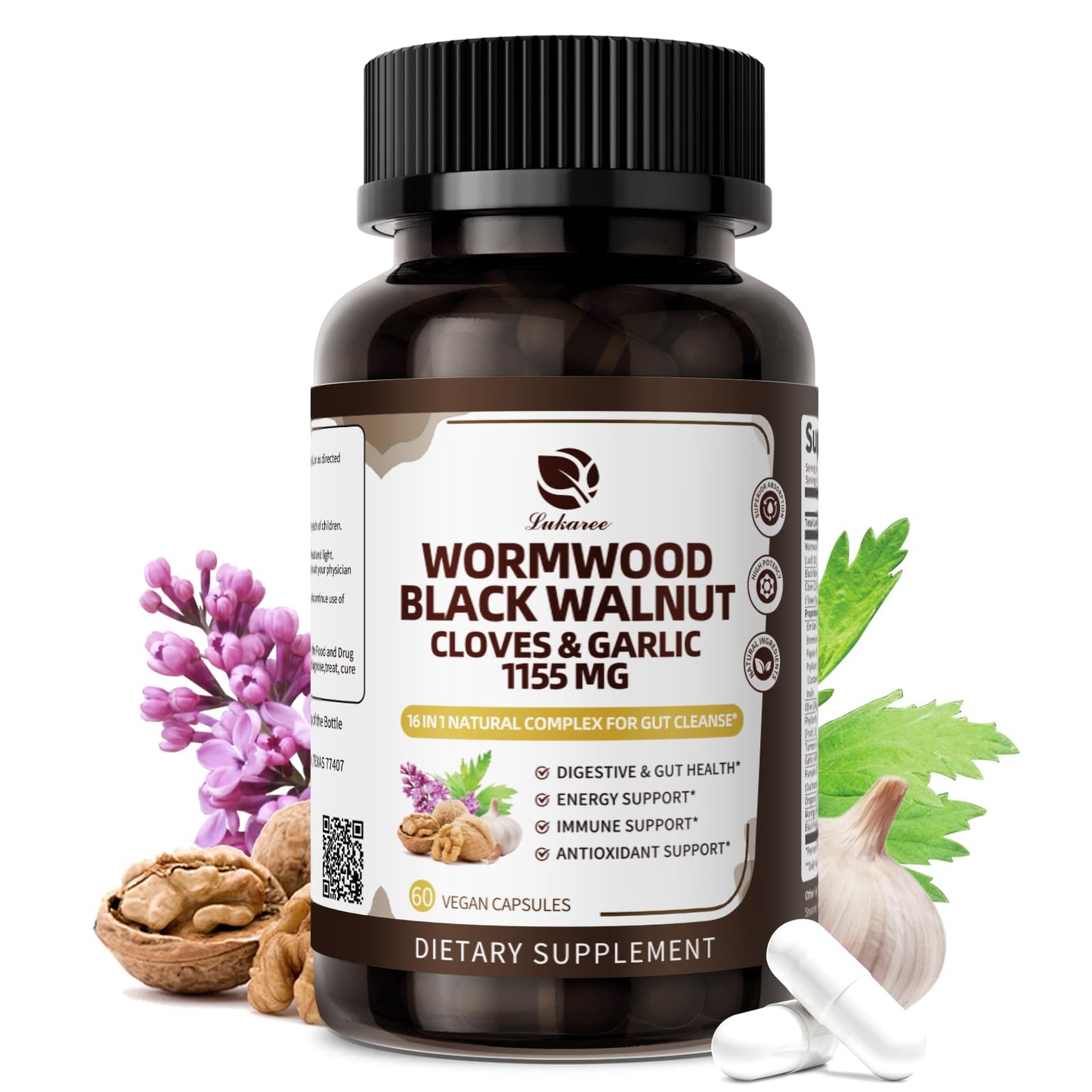 Lukaree 16-in-1 Wormwood Black Walnut Clove Cleanse for Humans – Natural Gut Detox & Digestive Health with Pumpkin Seeds Garlic Oregano Turmeric Capsule 60 Count