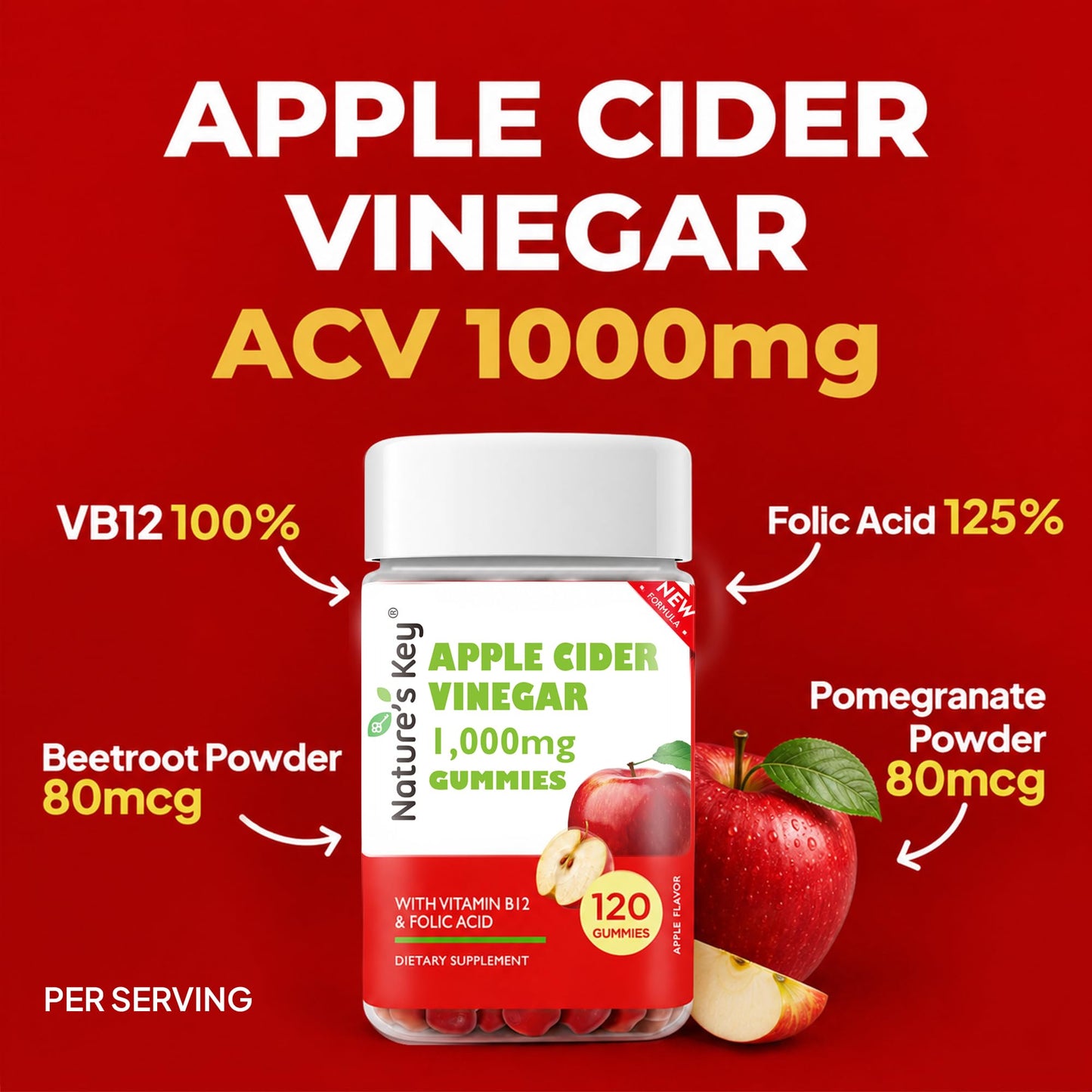 Nature's Key Apple Cider Vinegar Gummies - 1000mg ACV, 120 Gummies