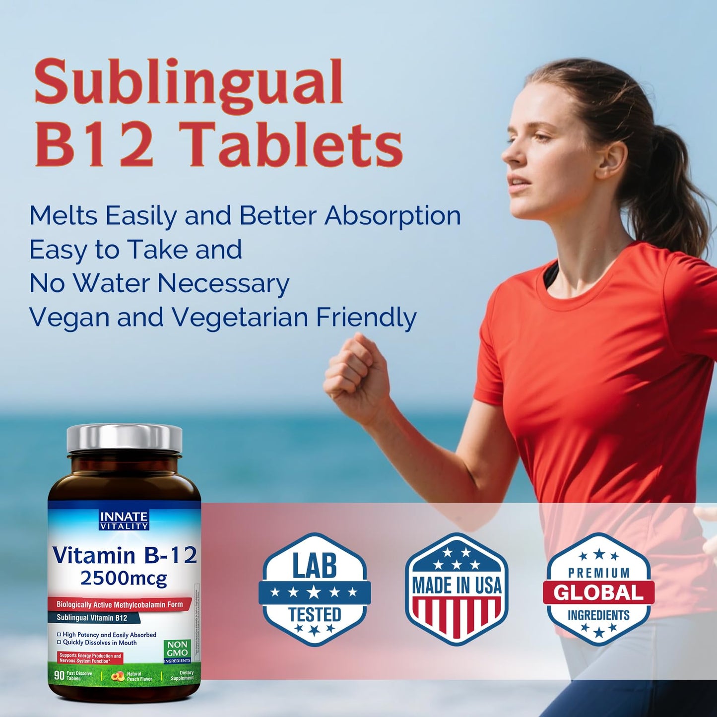 Innate Vitality Vitamin B12 2500mcg Sublingual Methylcobalamin Tablets, 90 Count