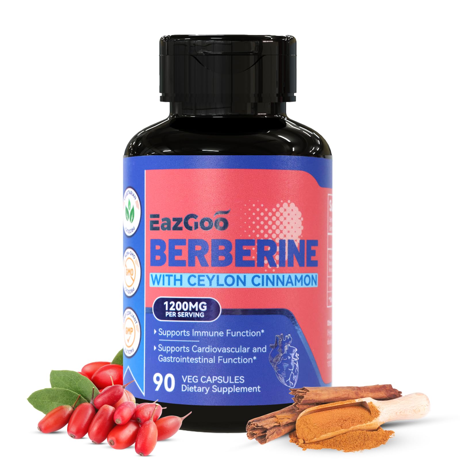 EAZGOO Premium Berberine Supplement 1200mg with Ceylon Cinnamon, 90 Capsules