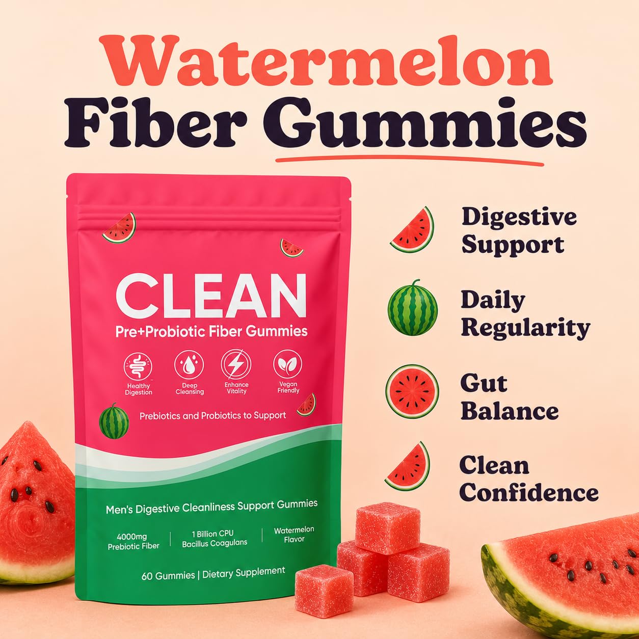 TADALAPRO Clean Prebiotic Fiber Gummies for Men, Watermelon Flavor, Sugar Free, 60 Count