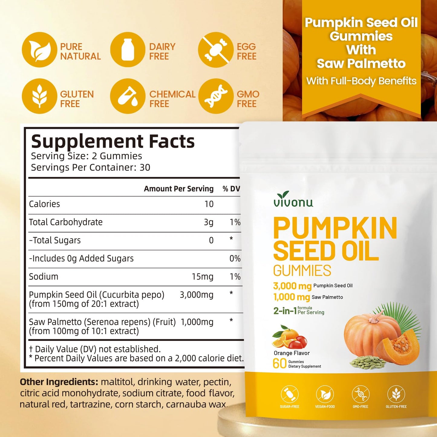 VivoNu Organic Pumpkin Seed Oil Gummies with Saw Palmetto, 60 Gummies