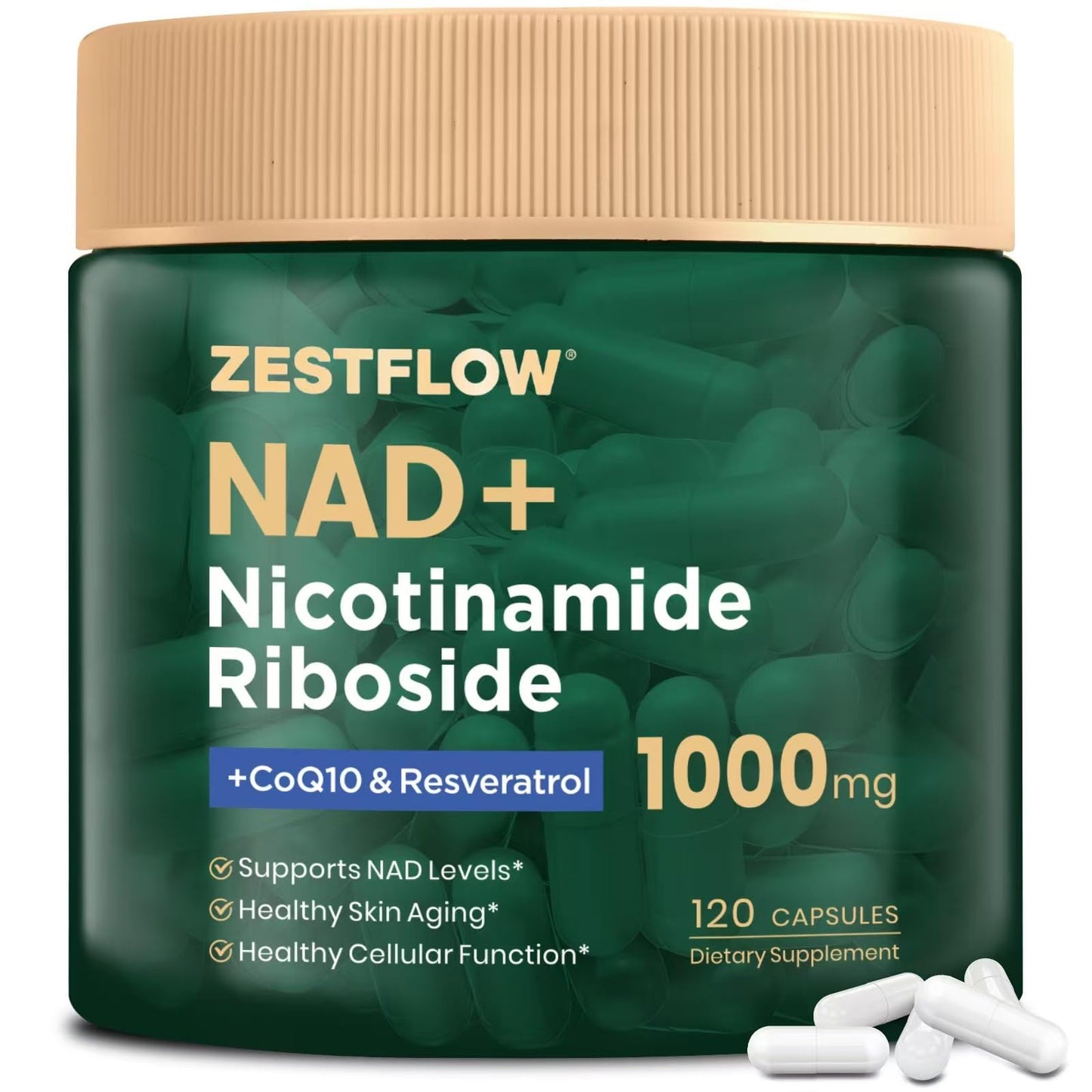 ZESTFLOW NAD+ Nicotinamide Riboside Resveratrol 1000mg Liposomal NAD Supplement with CoQ10 for Cellular Energy & Healthy Aging, 1 Capsule
