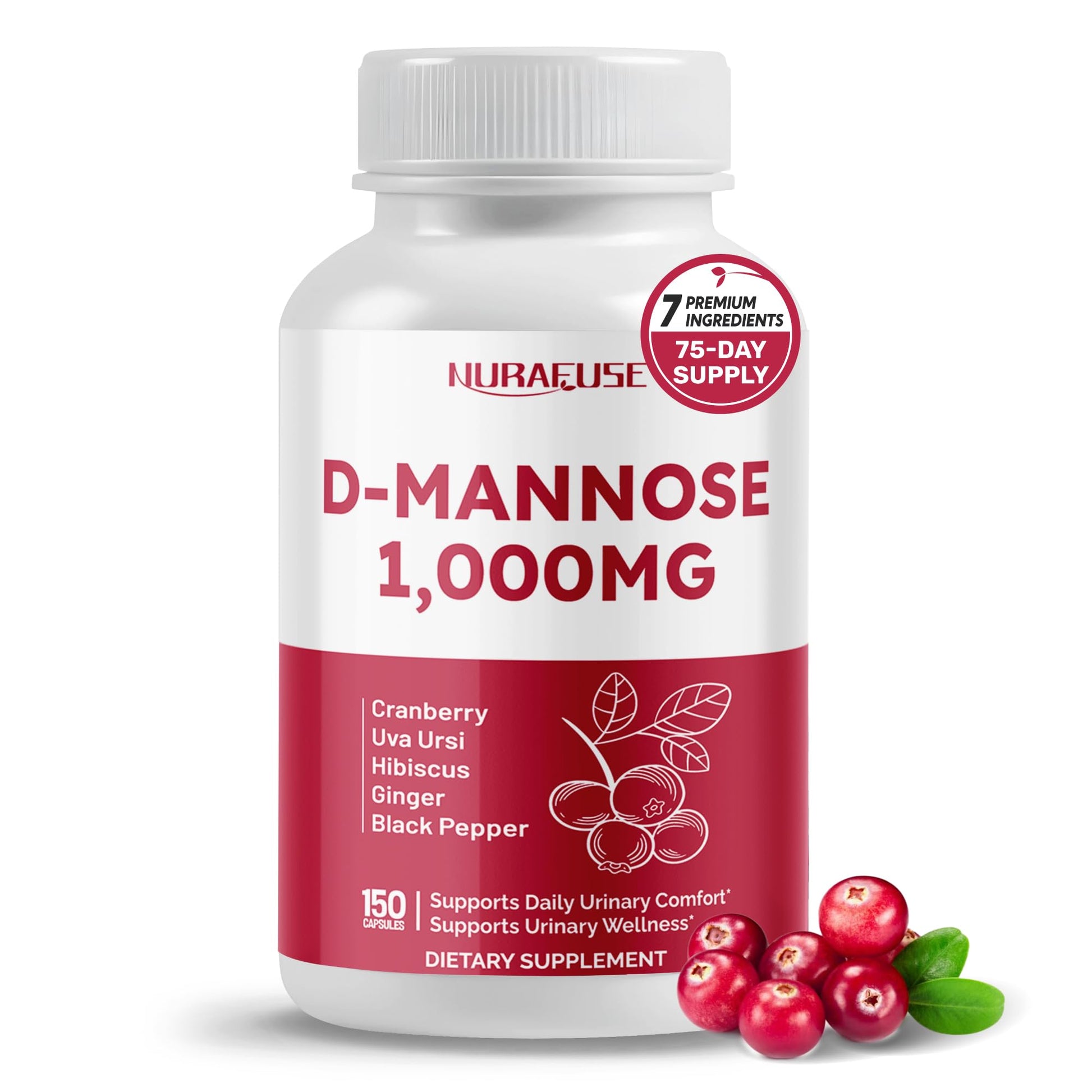 NURAFUSE D-Mannose with Cranberry, Uva Ursi, Hibiscus, Ginger, Black Pepper Capsules 150 Count