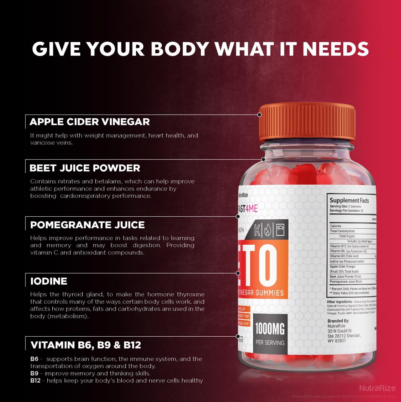 NutraRize KetoFast4ME ACV Gummies, 120 Gummies