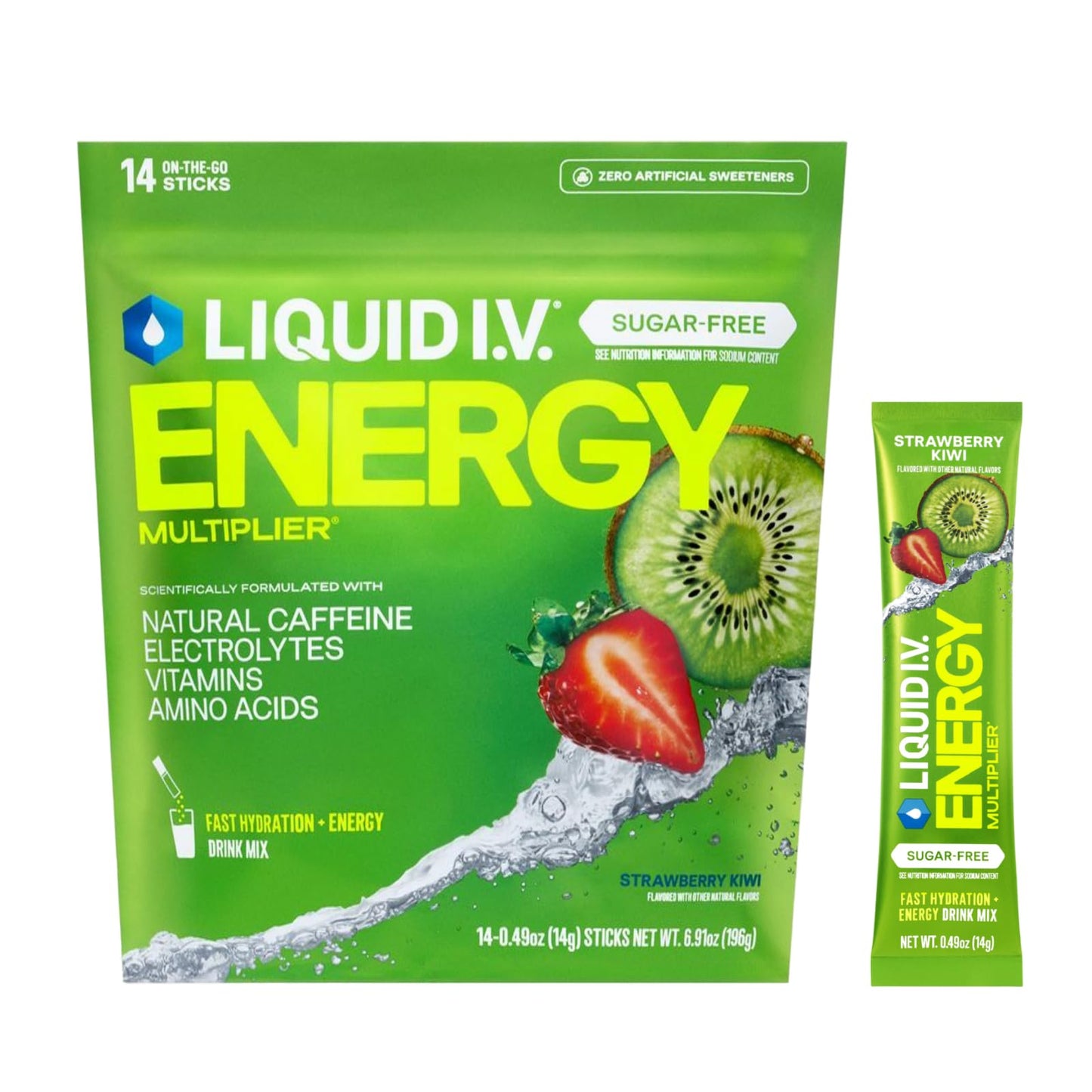Liquid I.V. Sugar Free + Energy Electrolytes, Strawberry Kiwi Powder, 14 Count