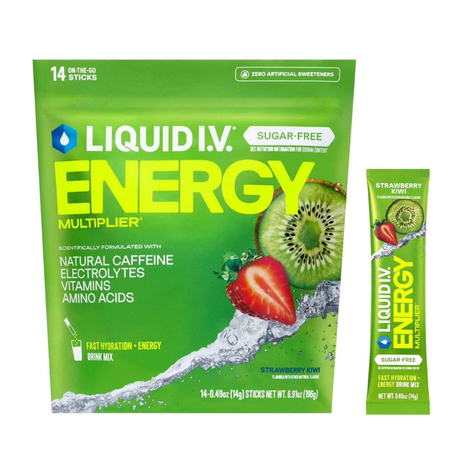 Liquid I.V. Sugar Free + Energy Electrolytes, Strawberry Kiwi Powder, 14 Count