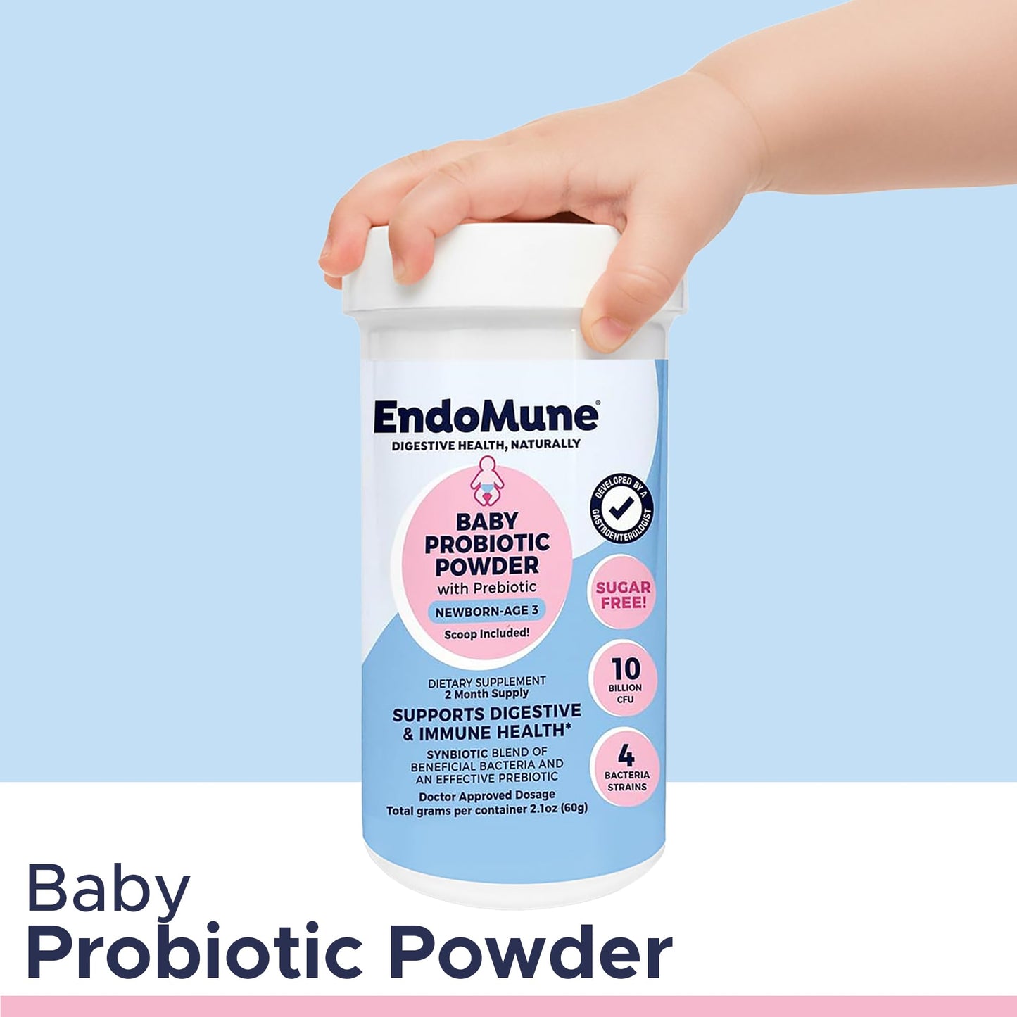Endomune Jr Advanced Probiotic Powder, 2.1 oz (Pack of 1), 10 Billion CFUs, 4 Strains Bacteria & FOS Prebiotic, For Newborns, Infants, Toddlers & Baby