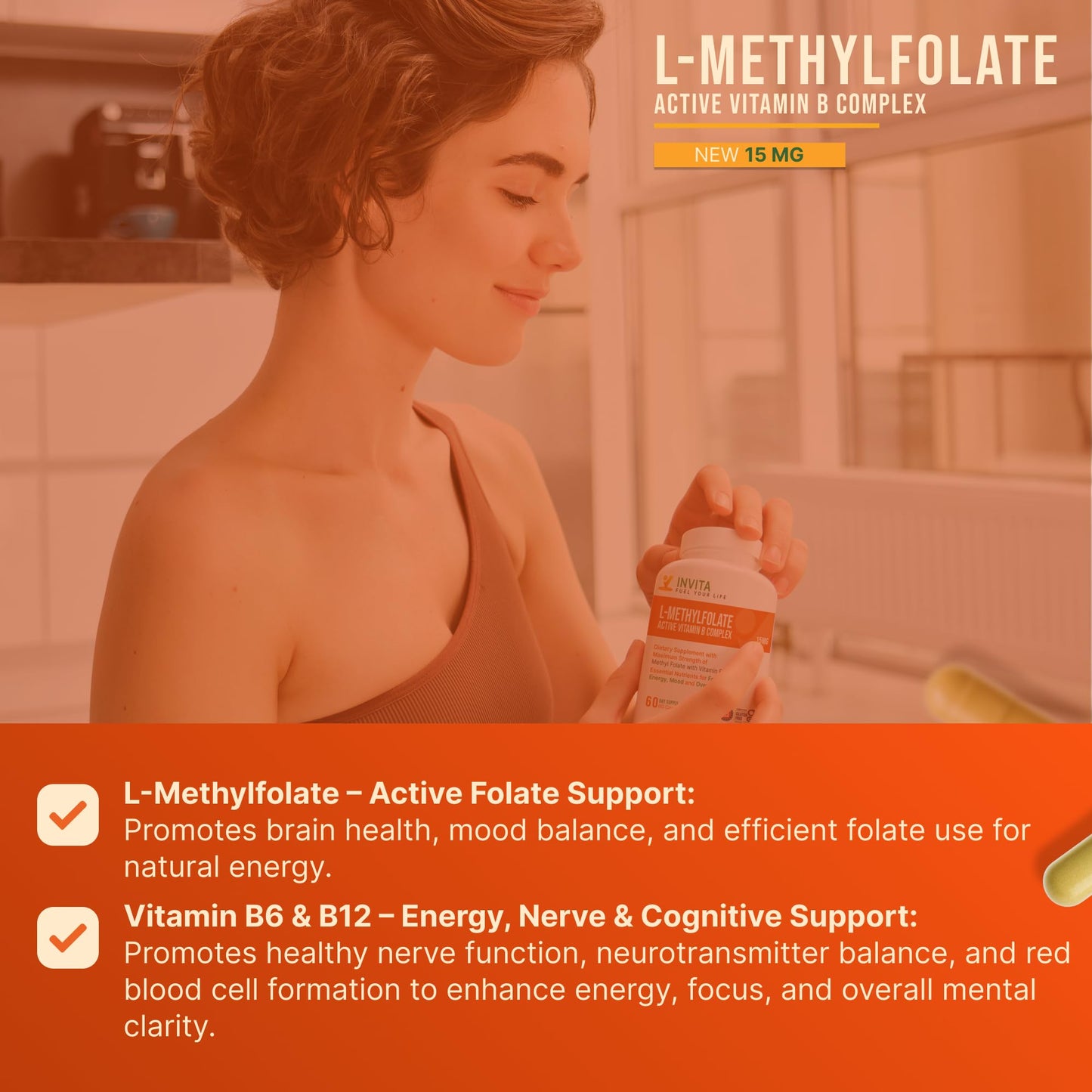 INVITA L-Methylfolate 15mg + Active Vitamin B Complex Capsules 60 Count