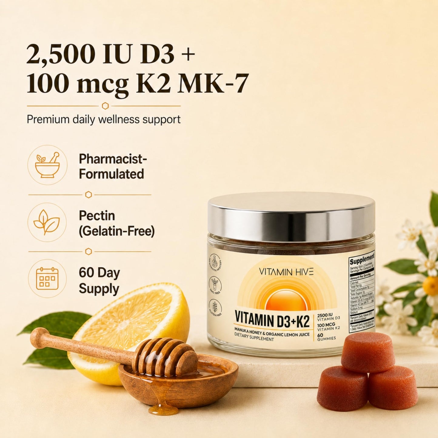 Vitamin Hive D3 + K2 Gummies, 60 Count