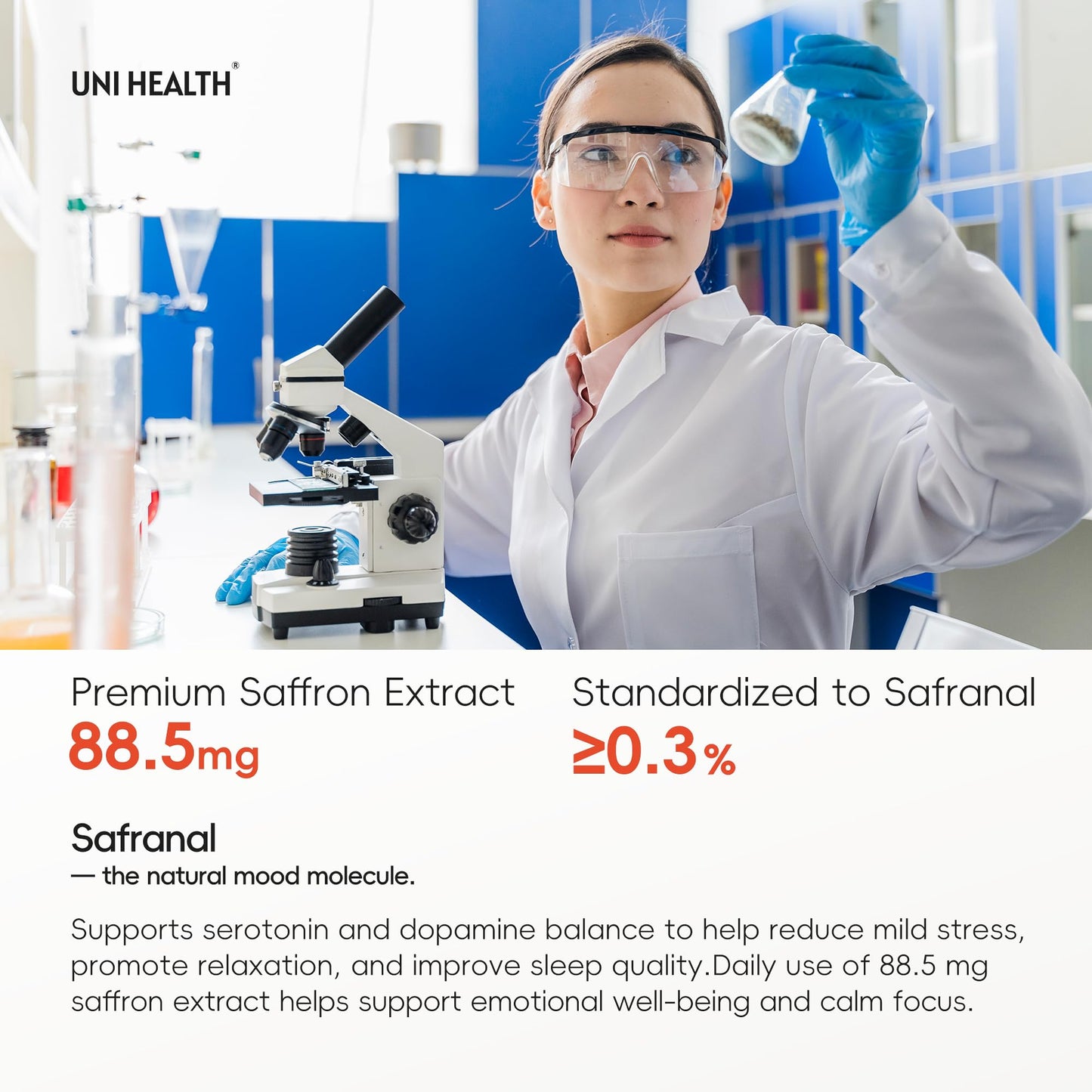 UniHealth Saffron Supplements – 88.5mg Saffron Extract with Ashwagandha, Made in USA 7-in-1 Herbal Supplement – Mood, Focus, Sleep, Weight, Heart & Eye Health for Kids, Adult Vegan, Non-GMO 60 Capsules