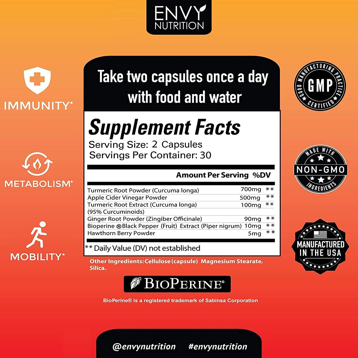 Envy Nutrition Turmeric & Ginger Supplement Capsules with Apple Cider Vinegar, 60 Capsules