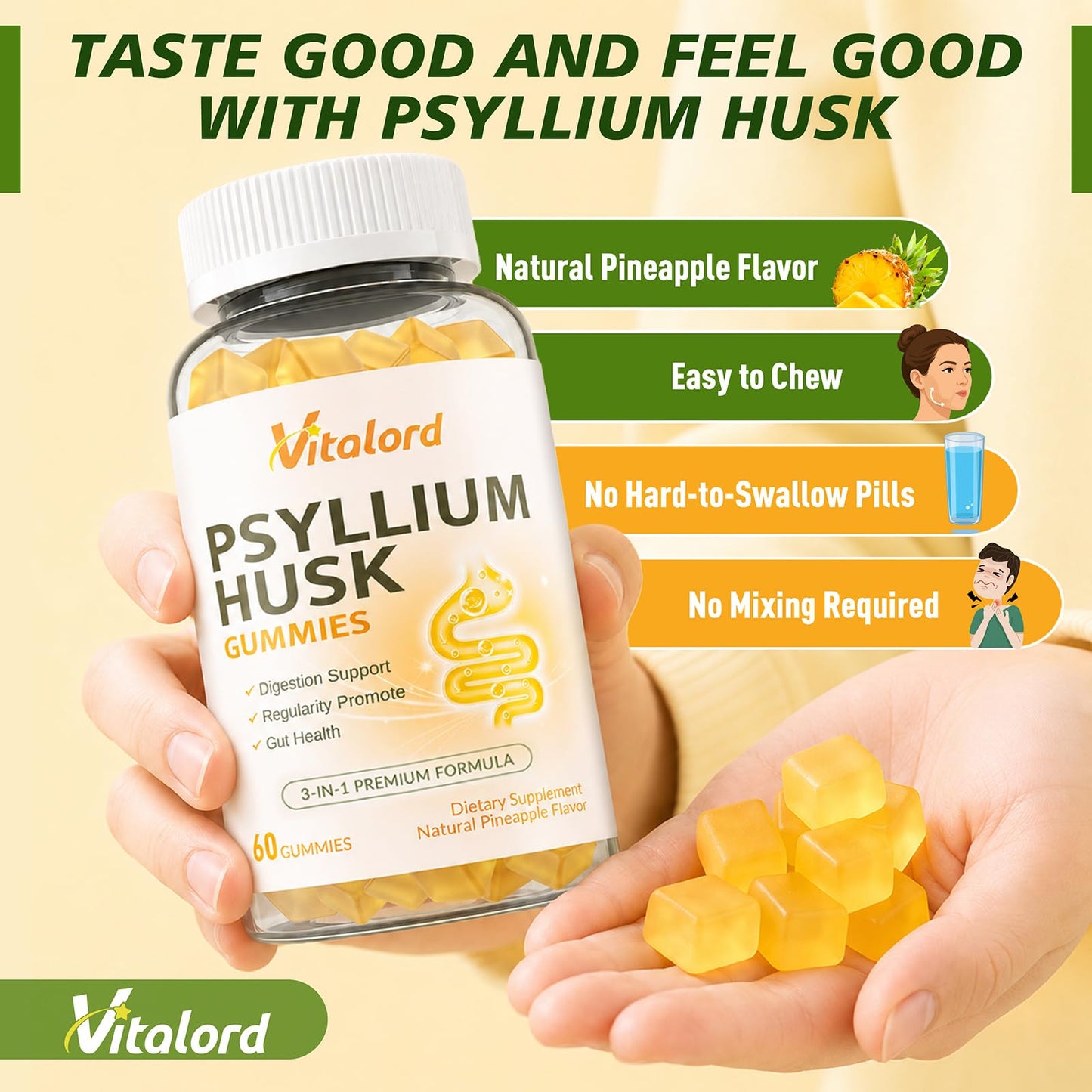 Vitalord Psyllium Fiber Gummies Sugar Free, 60 Count