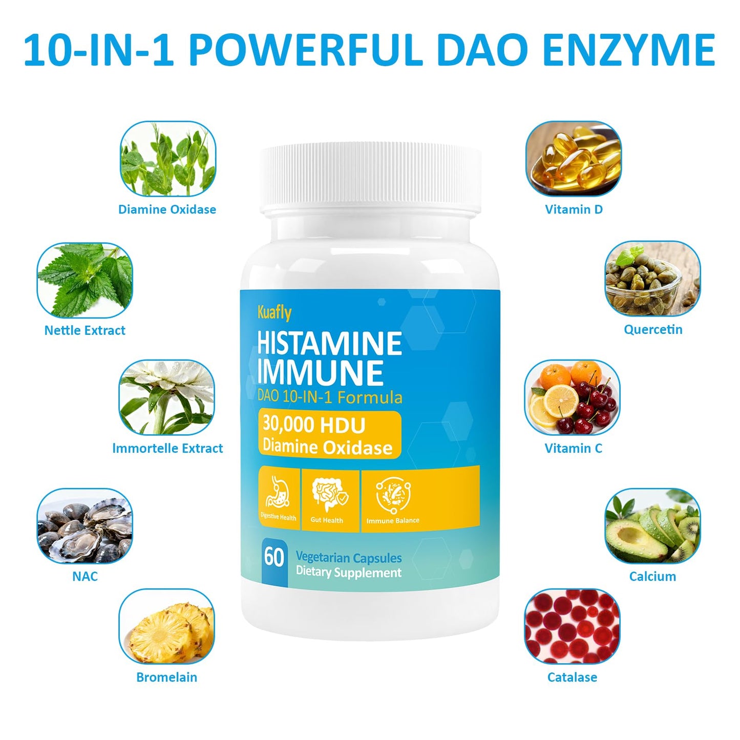 KUAFLY Histamine Blocker – Natural DAO Supplement with Diamine Oxidase & Quercetin, Immortelle, Vitamin C for Gut Health, 60 Capsules