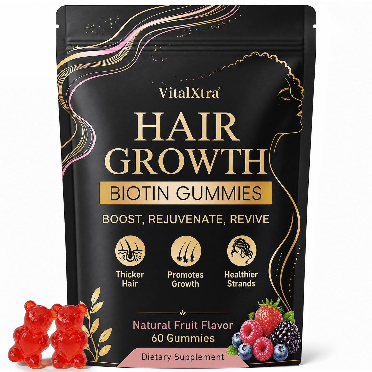 VitalXtra Hair Growth Gummies with Biotin 5000 mcg, 60 Gummies
