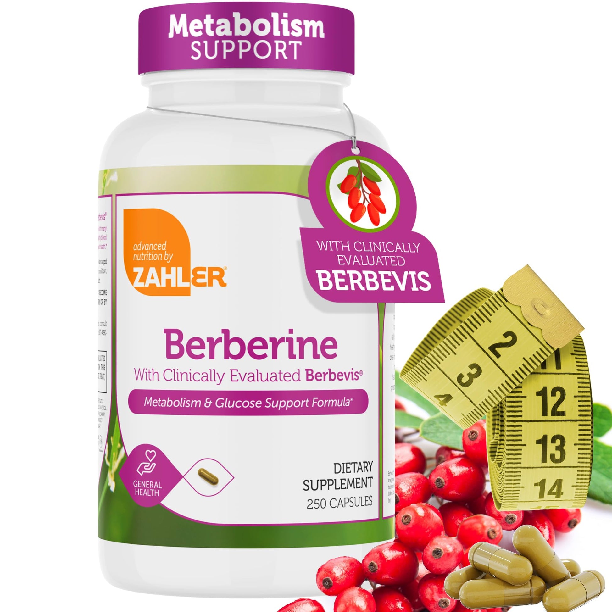 Zahler Berberine with Clinically Evaluated Berbevis, Metabolism and Glucos Support Formula, 250 Capsules