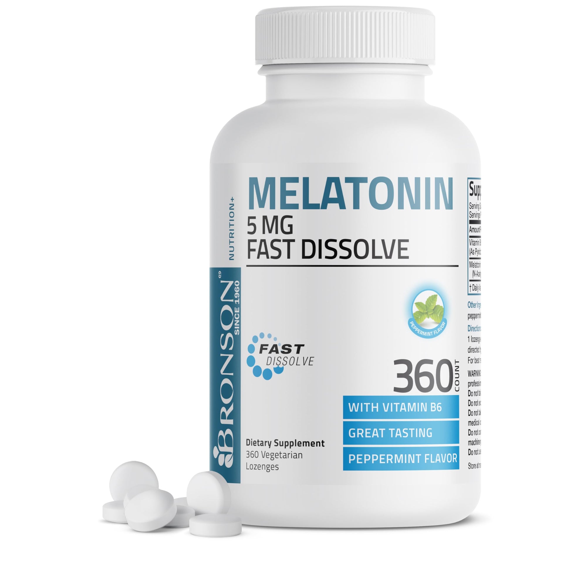 Bronson Melatonin 5mg Fast Dissolve Peppermint Lozenges with Vitamin B6, 360 Count