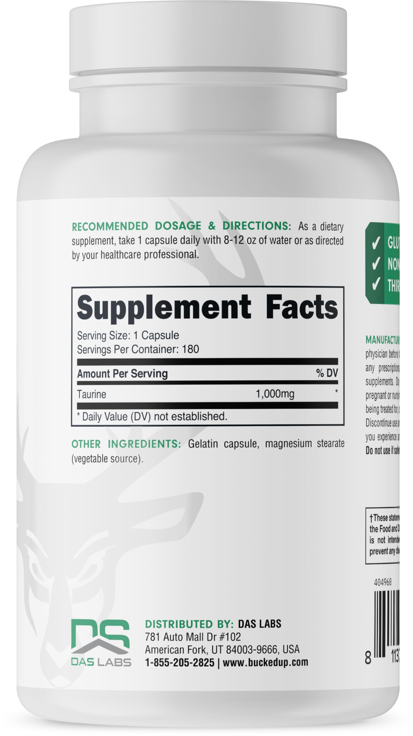 Bucked Up Taurine 1000mg Capsules, 180 Count