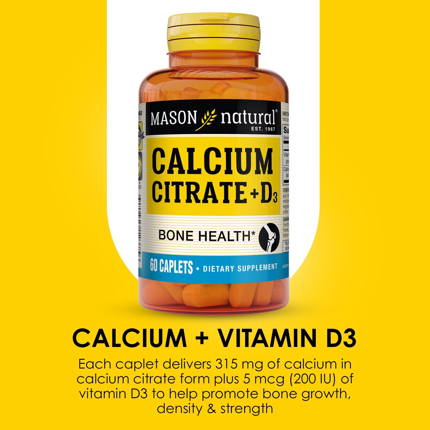 Mason Natural Calcium Citrate Plus Vitamin D3 Caplets, 60 Count