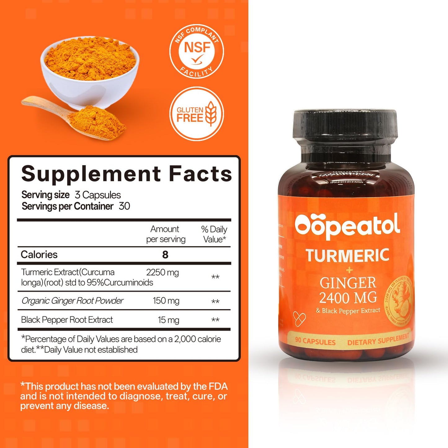 Oopeatol Turmeric Curcumin Supplement 2250mg with Black Pepper Extract 95% Curcuminoids – Joint Comfort & Immune Support for Men & Women – Antioxidant & Digestive Wellness – 90 Capsules
