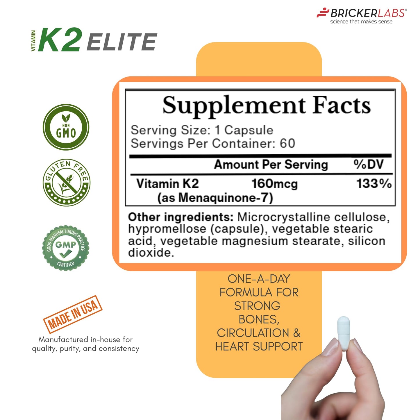 Bricker Labs K2 Elite Vitamin K2 MK-7 Supplement 160mcg per Capsule, 60 Capsules