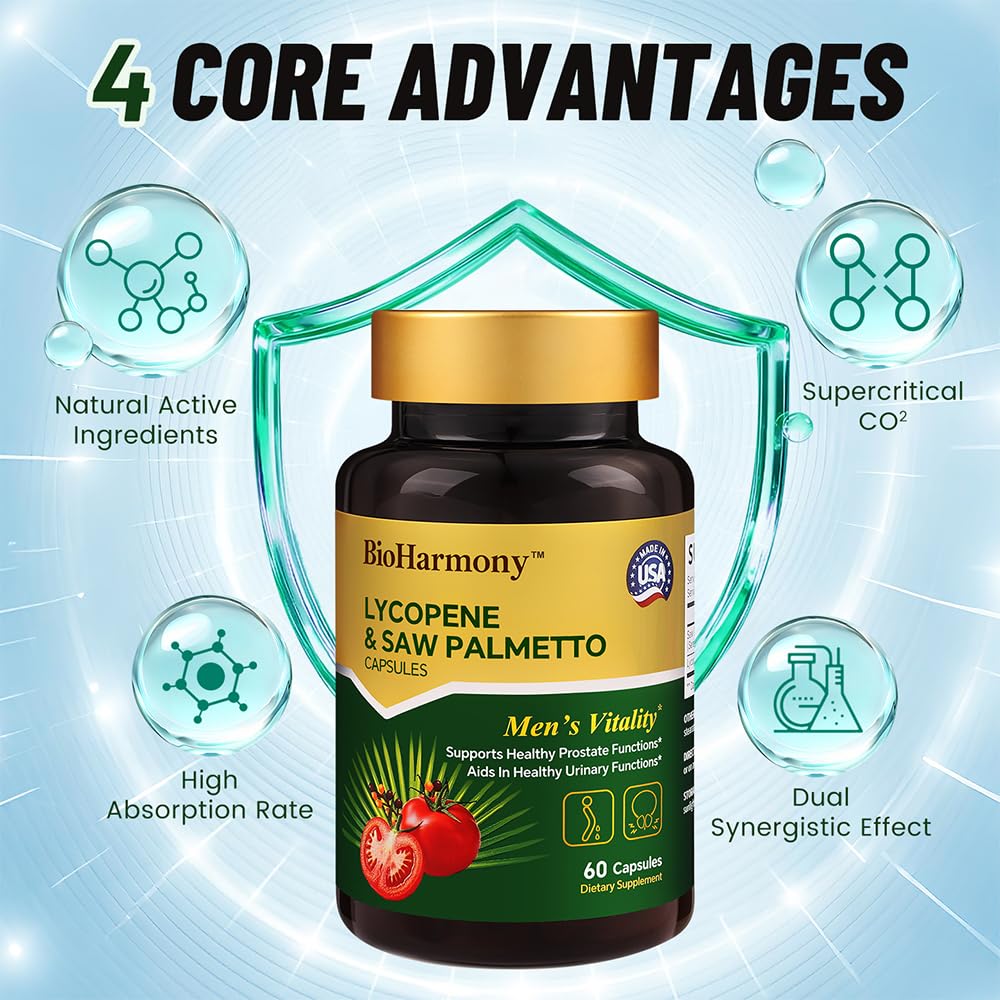 BioHarmony Saw Palmetto for Men Prostate Health Supplement with 500mg Saw Palmetto Extract & 20mg Lycopene, Non-GMO, 60 Capsules
