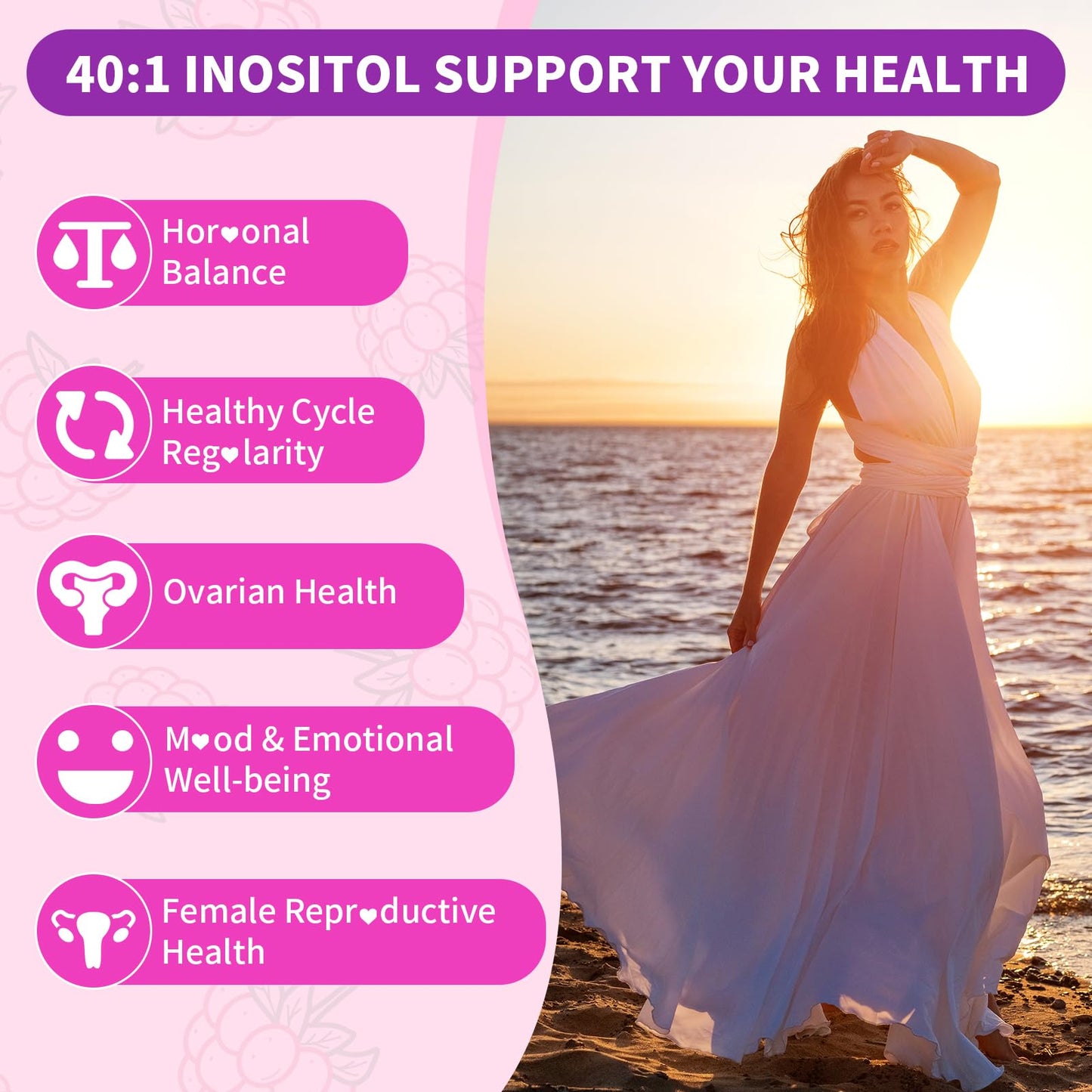 YUULAI Myo-Inositol & D-Chiro Inositol Gummies, 40:1 Ratio Inositol Supplement with Vitamin D3, Magnesium Glycinate, Folate & Zinc, Raspberry Flavor, 60 Count