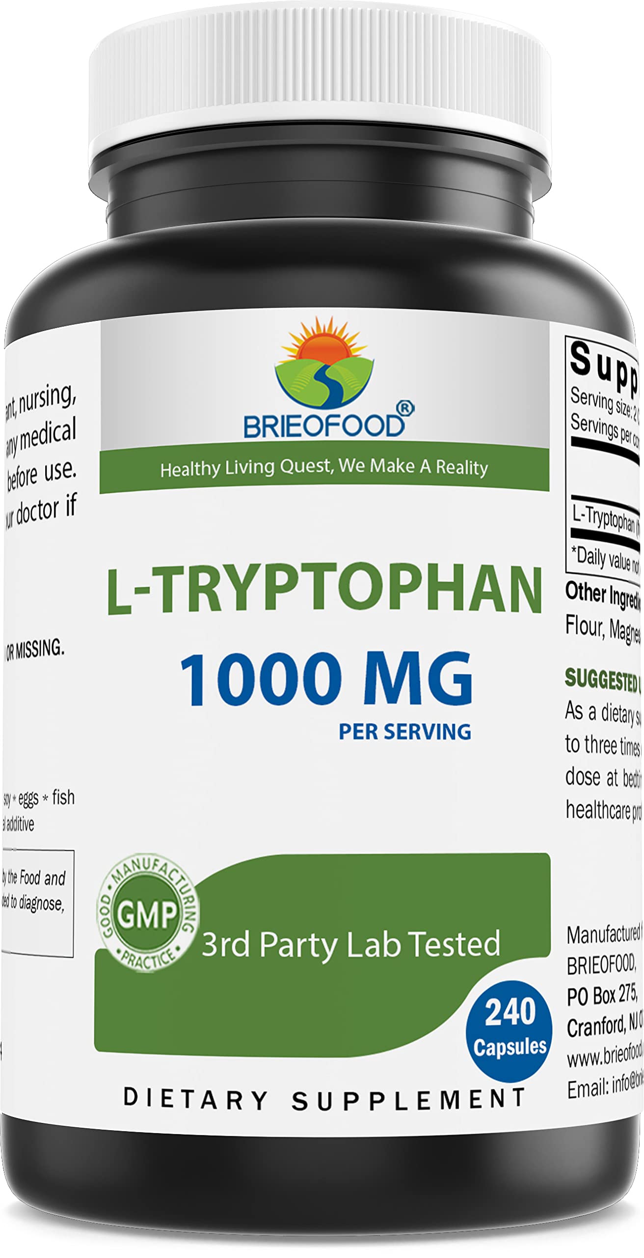 Brieofood L-Tryptophan 1000mg Capsule, 240 Count
