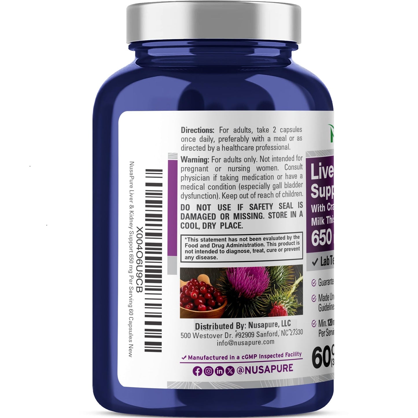 NusaPure Liver & Kidney Support with Cranberry Fruit & Milk Thistle Extract 650 mg 60 Capsules
